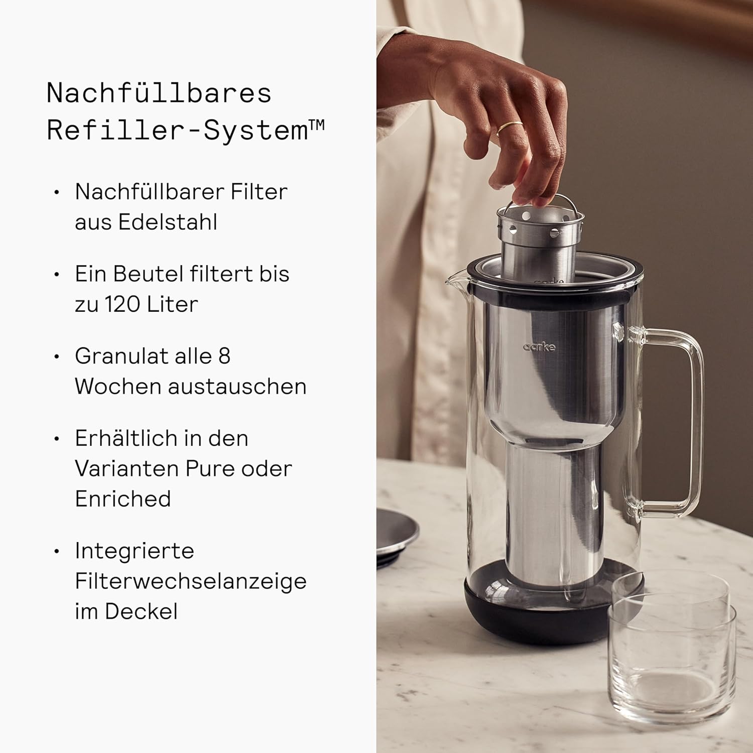 Aarke Purifier Wasserfilterkrug 1,2 l / 5 Tassen aus Glas und Edelstahl – inklusive Pure-Filter-Nachfüllbeutel – Bild 5
