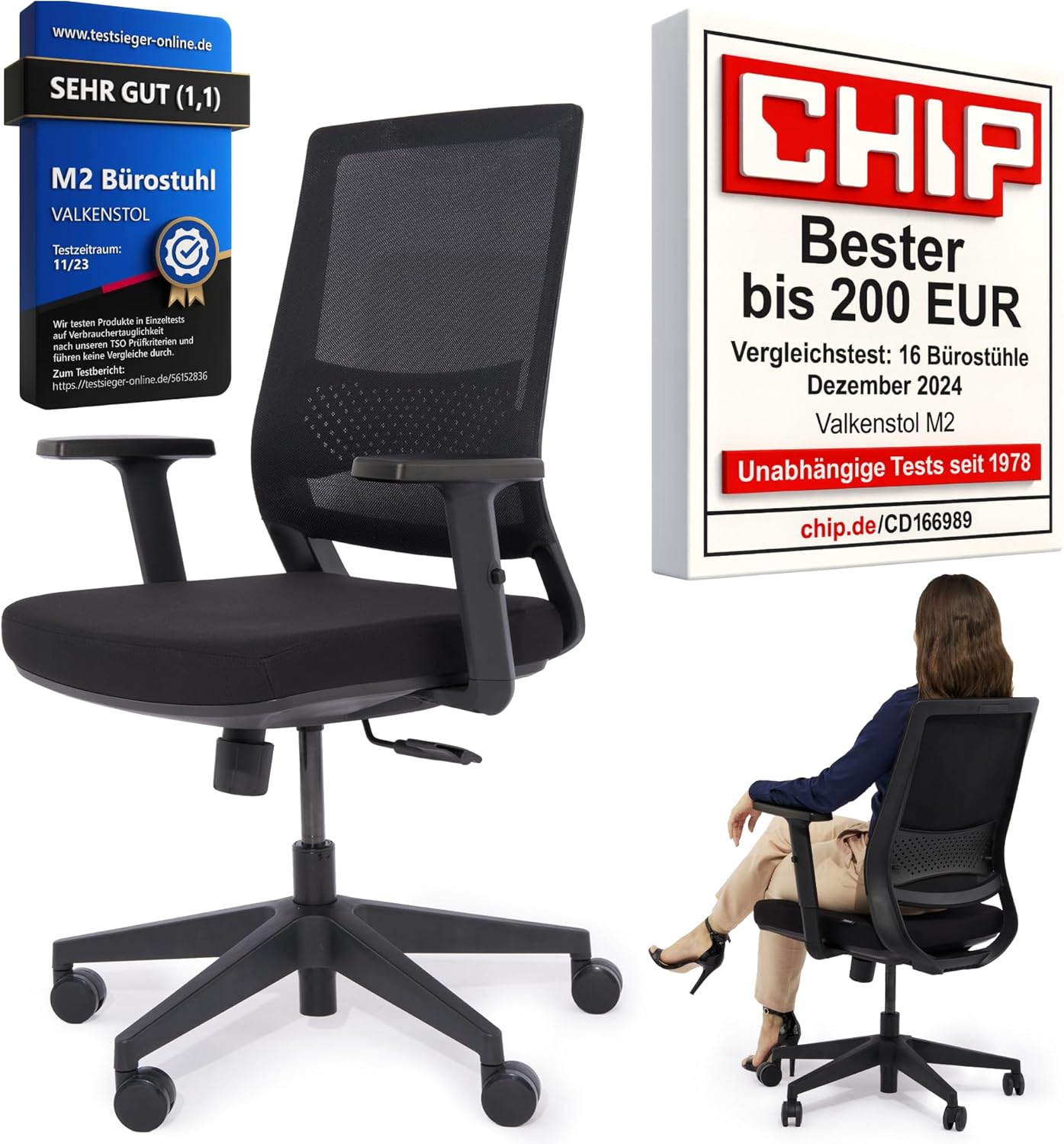 VALKENSTOL M2 Bürostuhl, ergonomischer Testsieger, verstellbar für maximale Bewegungsfreiheit, rückenschonende Bürostühle, Lordosenstütze, Schreibtischstuhl für Büro und Home-Office-Stuhl