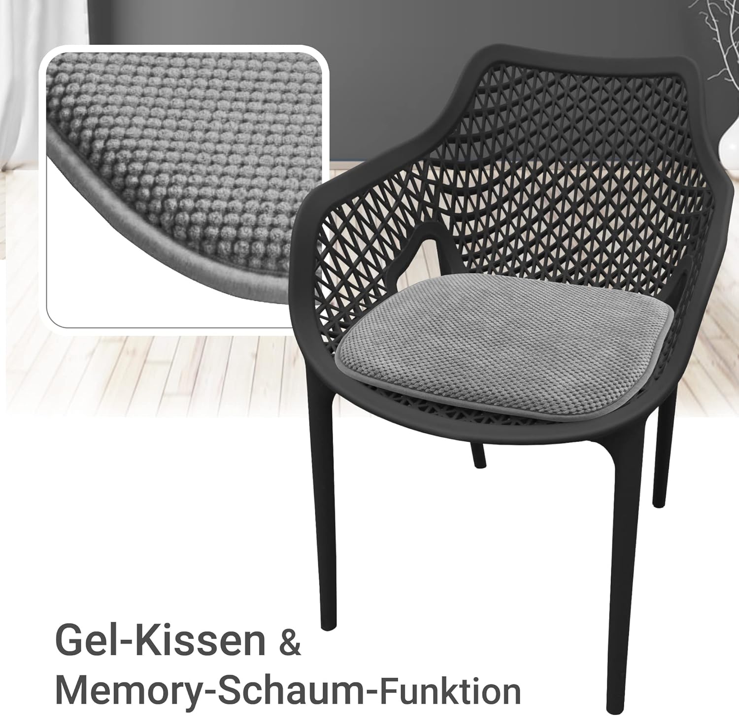 Bequemes und praktisches Gelkissen, 40 x 40 cm, Stuhlkissen mit modernem Memory-Schaum, gepolstertes Sitzkissen, Outdoor- und Indoor-Gartenkissen, Stuhlkissen, rutschfest, Farbe: Hellgrau, 4er-Set – Bild 4