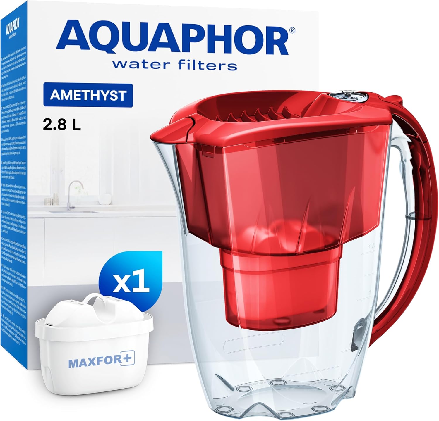 AQUAPHOR Amethyst – 2,8 Liter Wasserfilterkrug mit Schiebedeckel + 1 x Maxfor+ Filterkartusche – Rubin