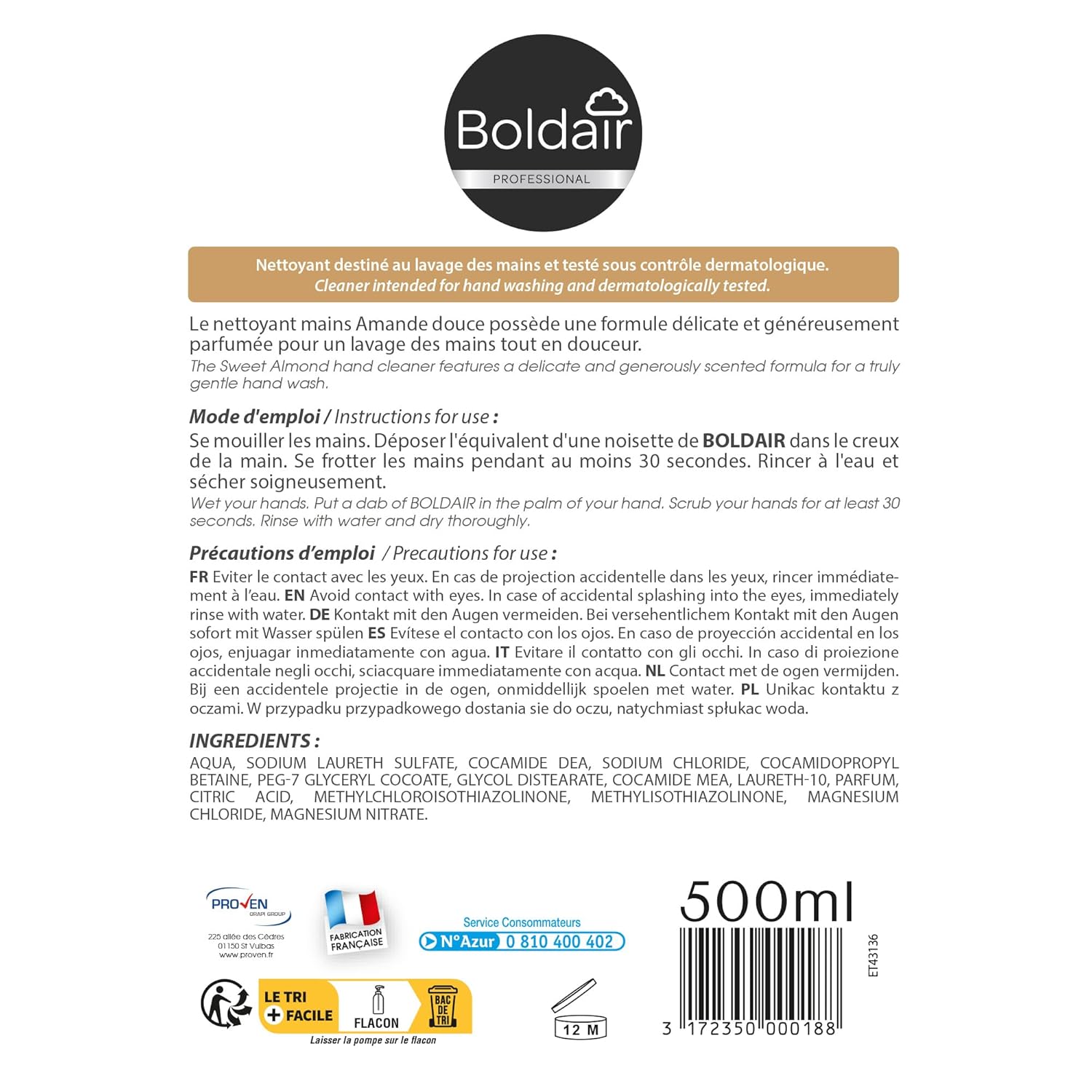 BOLDAIR – Handreiniger Mandel, weicher Handreiniger, häufiges und regelmäßiges Händewaschen, 94,3 % Inhaltsstoffe natürlichen Ursprungs, hergestellt in Frankreich, Pumpflasche 500 ml – Bild 6
