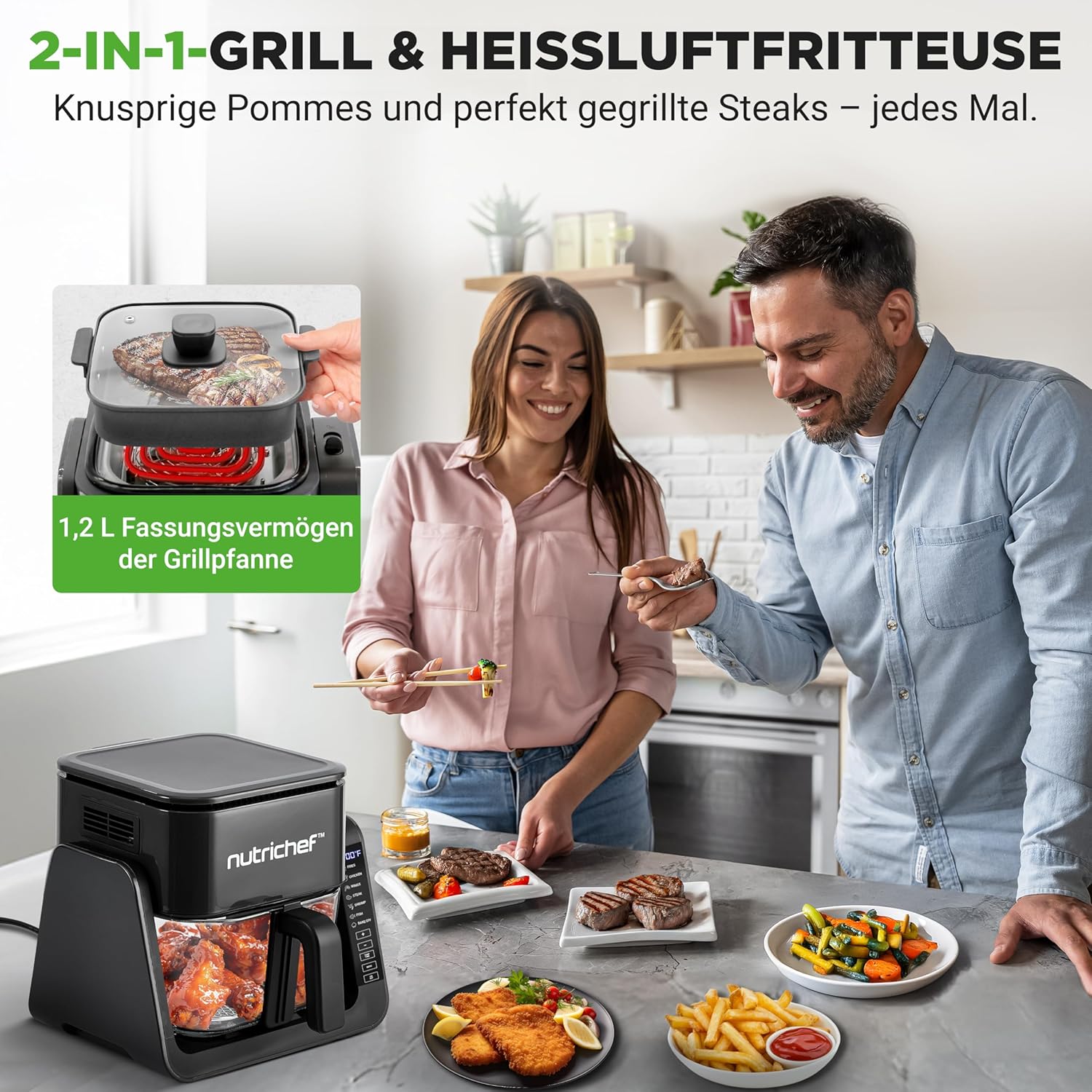 NutriChef Heißluftfritteuse 4L mit Grillfunktion 1500W Schwarz – Airfryer ohne Öl mit Sichtfenster, 7 Programmen, Glasbehälter für Familien & vielseitiges Kochen – Bild 6