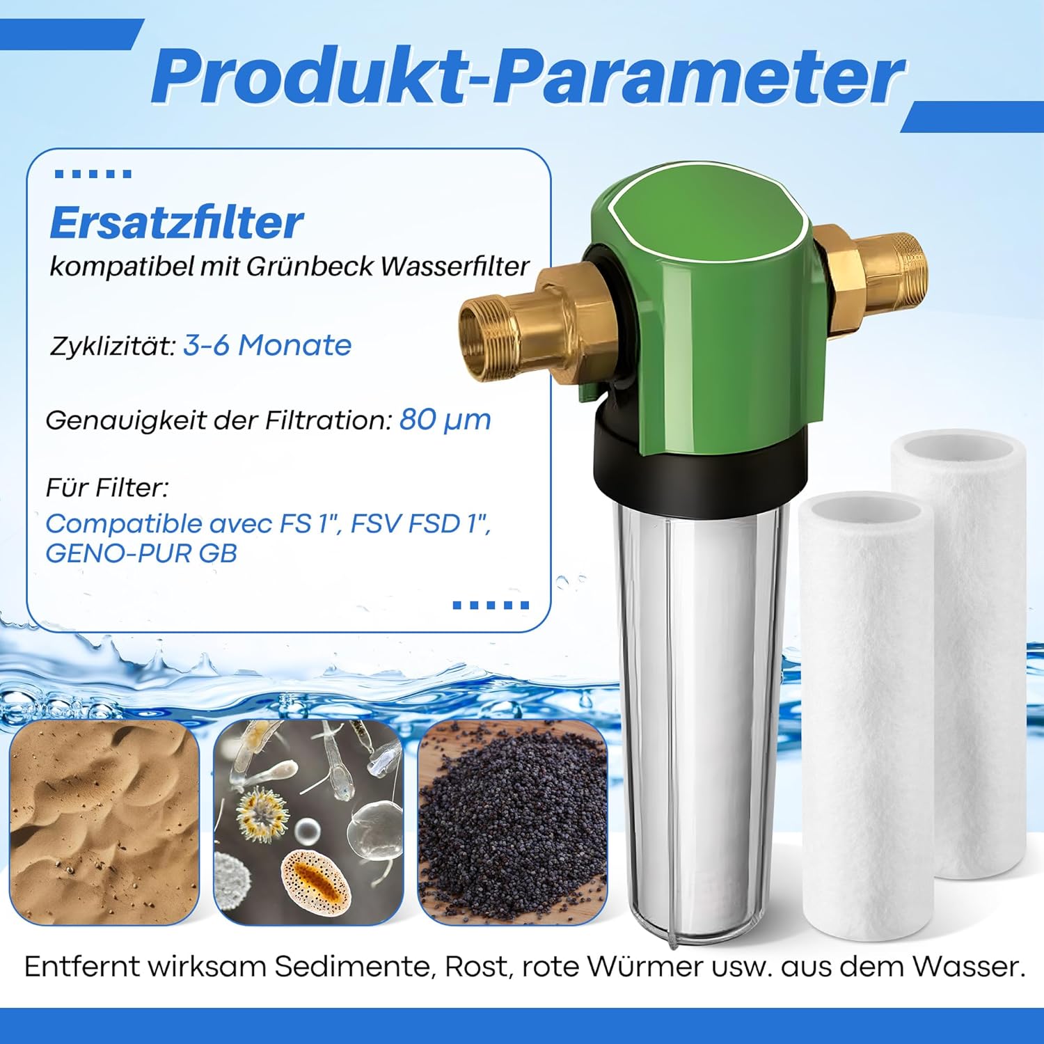 Enhon 2 Stück Ersatzfilter 80 µm, kompatibel mit Grünbeck Wasserfilter FS 1, hochwertige Wollfaser, kompatibel mit Grünbeck Geno Feinfilter FS 1, Hauswasserfilter Ersatzkerzenfilter, ohne Schutzglocke – Bild 2
