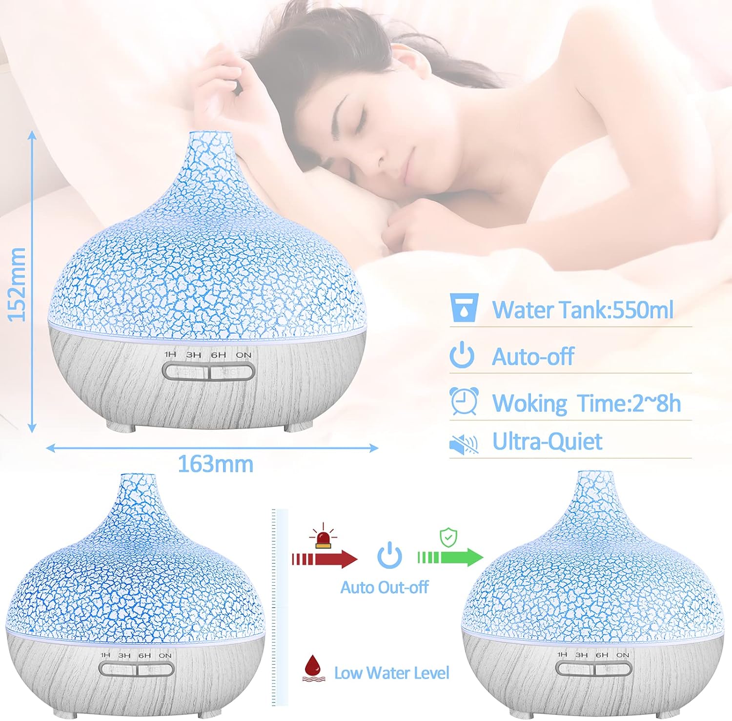 550 ml Aromadiffusor, ultraleiser Ultraschall-Luftbefeuchter, ätherische Öle, BPA-freier Aromatherapie-Luftbefeuchter für Schlafzimmer, Yoga, Spa, 7 Farben LED-Lichter (weiß) – Bild 2