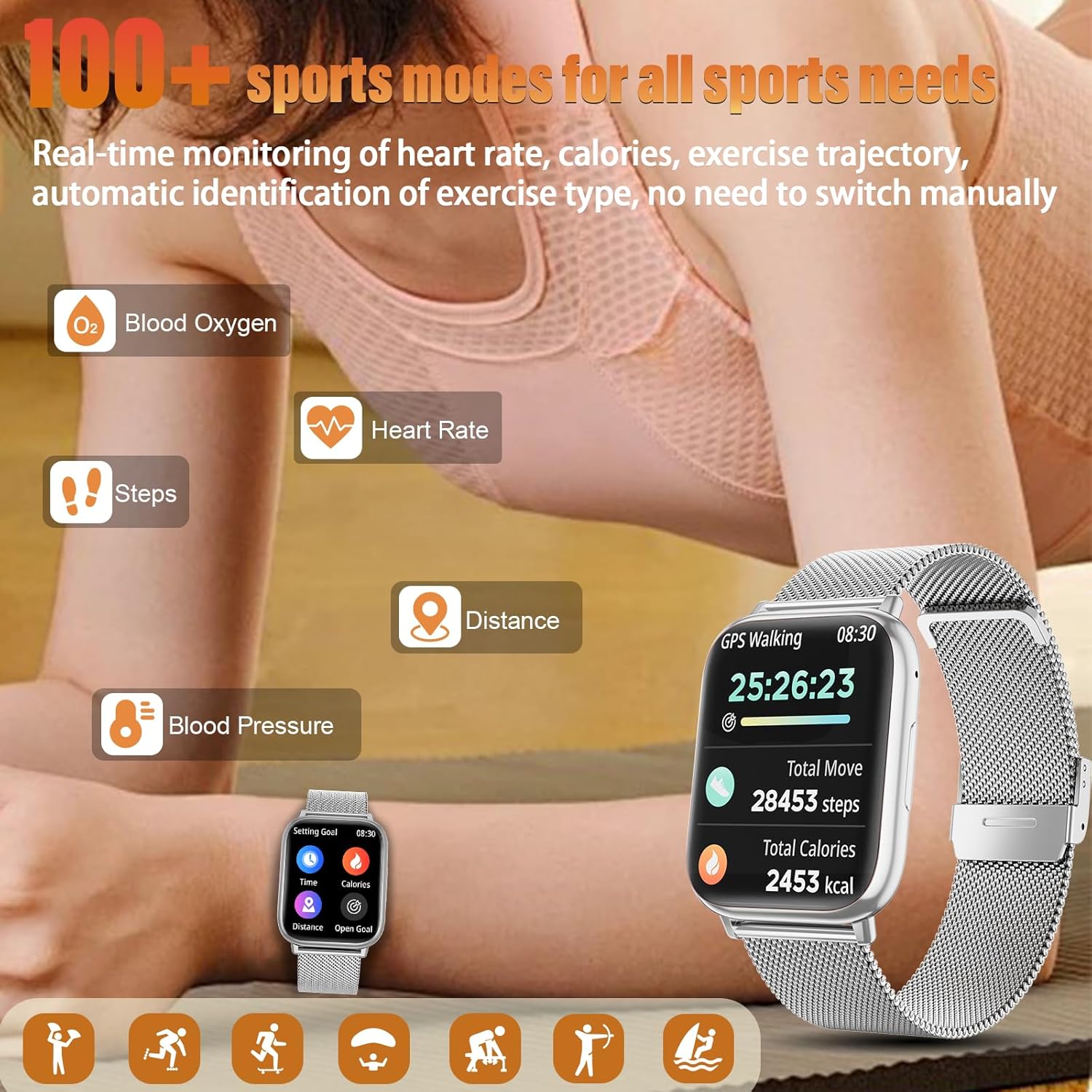 Damen-Smartwatch mit Telefonfunktion, 3 Armbänder, 1,83 Zoll HD-Smartwatch mit 24-Stunden-Herzfrequenzüberwachung, SpO2-Schlafüberwachung, IP68 wasserdicht, 120+ Sportmodi, Schrittzähler, Fitness-Tracker für iOS – Bild 3