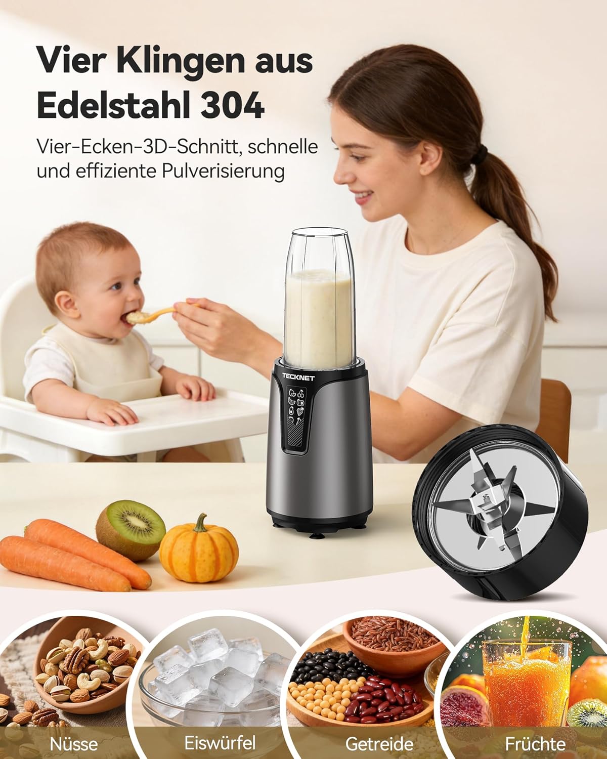 TECKNET 1000 W Smoothie Maker, Standmixer mit 2 BPA-freien 600 ml tragbaren Bechern, klein mit Kreuzklingen aus 304 Edelstahl, leicht zu reinigen, Mixer elektrisch für Shake, Smoothie & Babynahrung – Bild 2
