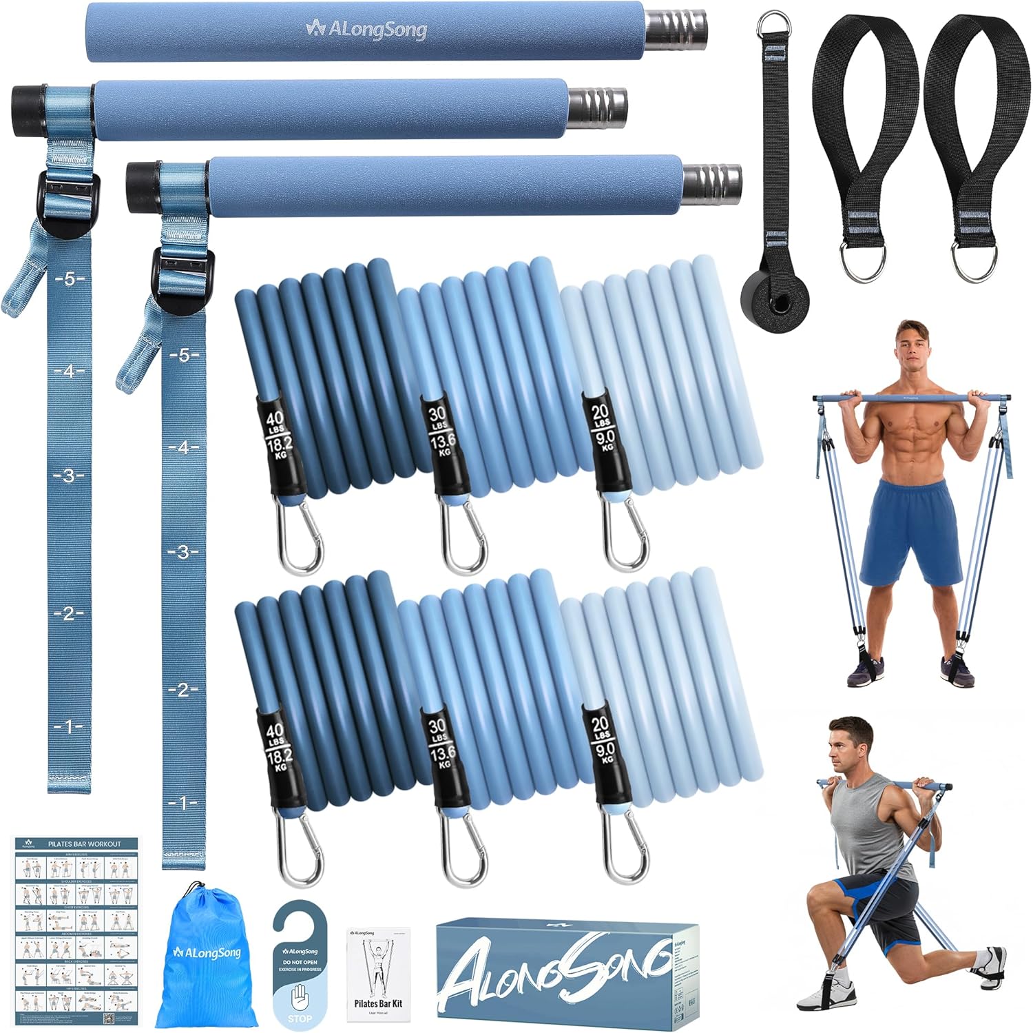 ALongSong Pilates Bar Set mit Widerstandsbändern Krafttraining 180LBS/140LBS/240LBS/360LBS Resistance Bands Fitnessbänder Set & Pilates-Stange, Griffe für Fitness/Yoga/Gym