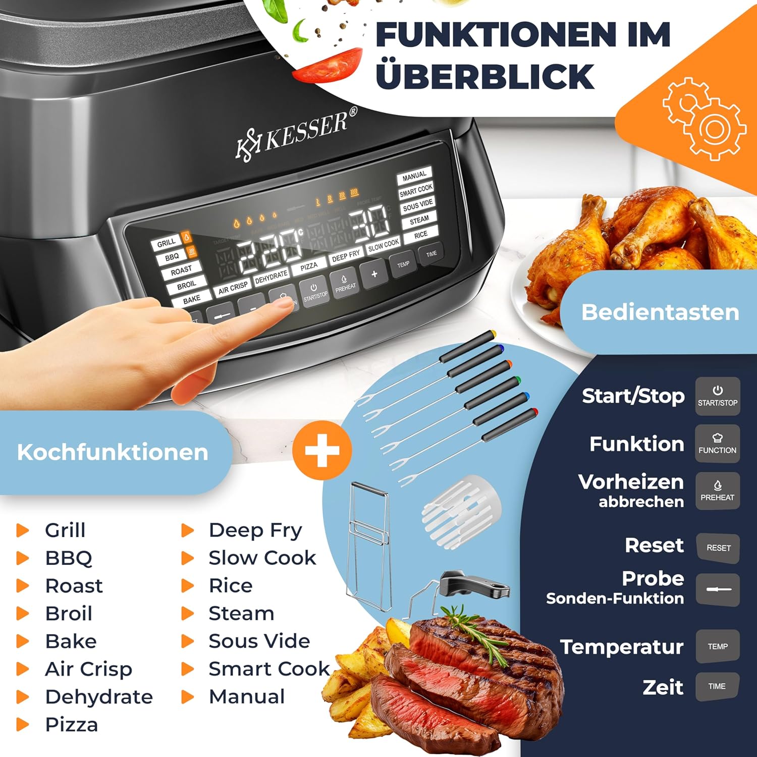 KESSER Multikocher mit Heißluftfritteuse 8 L & 16 Programme Küchengerät – Grillen, Backen, Dünsten, Vorheizen & Warmhalten Funktion, Reiskocher, Schongarer, Joghurtbereiter – Bild 3