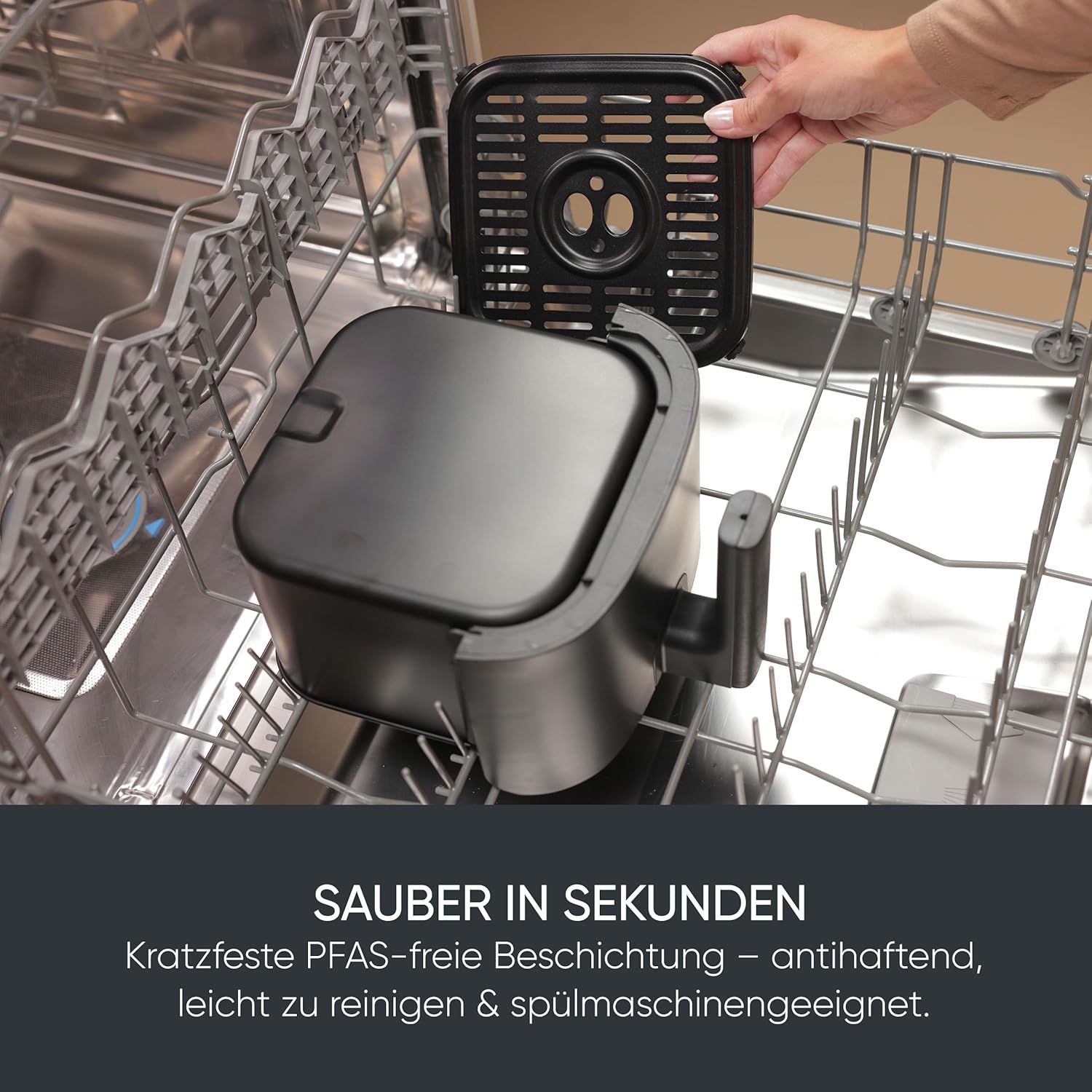 Severin Heißluftfritteuse, Single, Fritteuse zum Kochen ohne Fett, Touch-Display, 8 Automatikprogramme, vielseitige Zubereitung, Warmhaltefunktion, 4L, 1300W, Schwarz, FryLight, FR 2461 – Bild 6