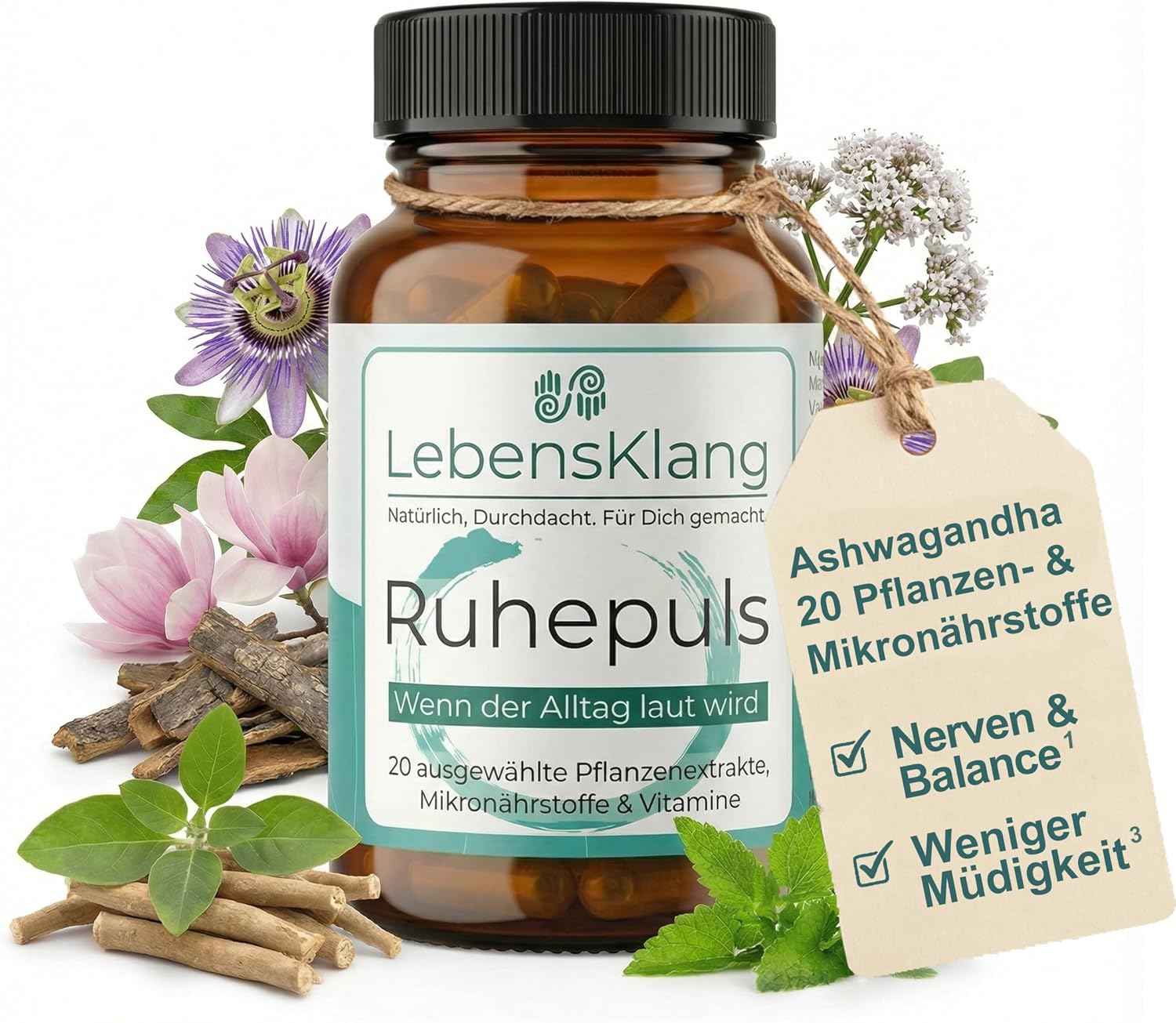 Ruhepuls – Innerer Frieden für Ihr Nervensystem¹ | Ashwagandha-Komplex | Harmonie-Balance | Entspannung | Gute Laune | Ashwaganda, Passionsblume & mehr | Nervenfutter-Geschenk – 30 Tabletten