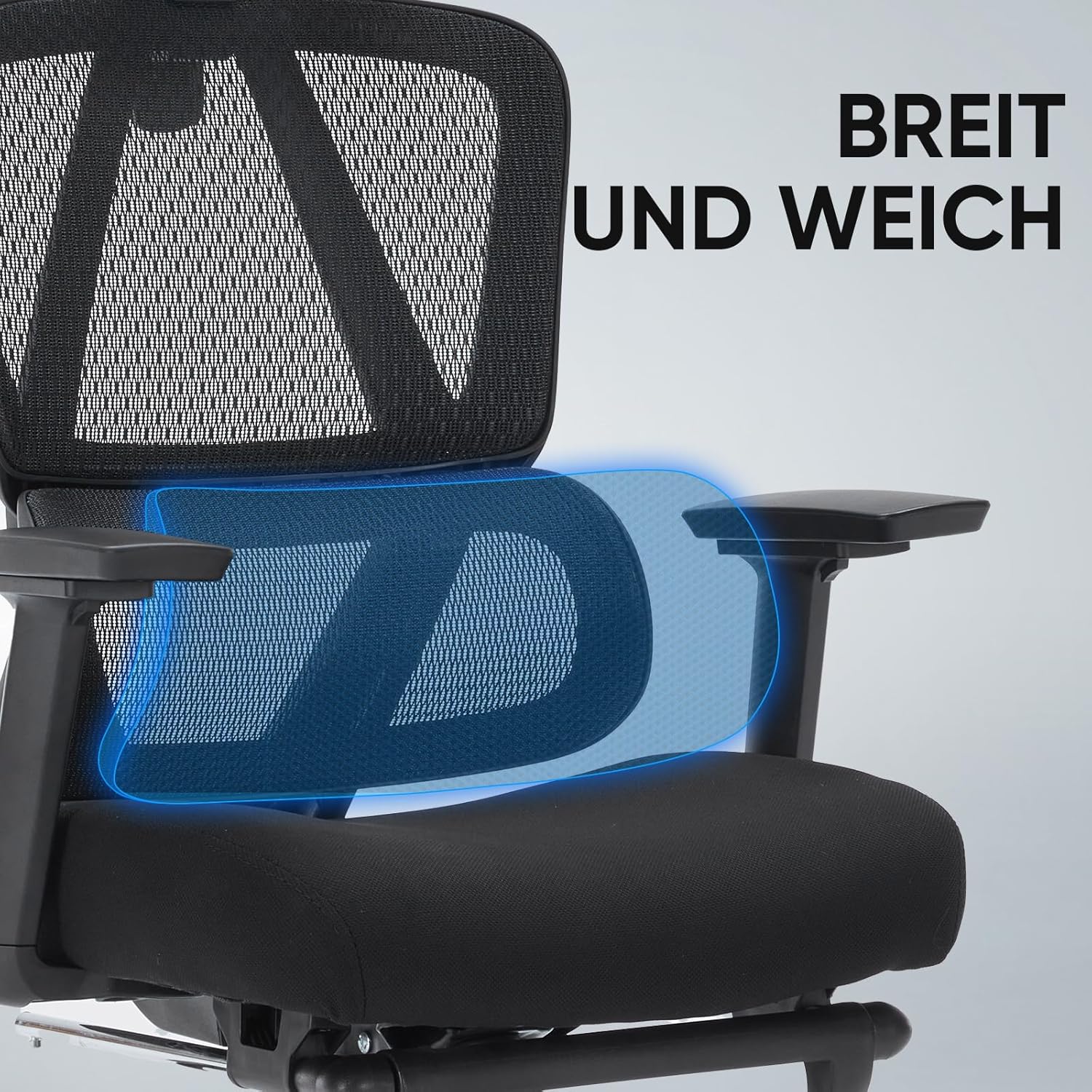 Ergonomischer Bürostuhl, Netz-Schreibtischstuhl mit Kopfstütze, Fußstütze und 3D-Armlehnen, höhenverstellbarer ergonomischer Bürostuhl, Bürostuhl mit 150 kg Tragkraft, Schwarz – Bild 5