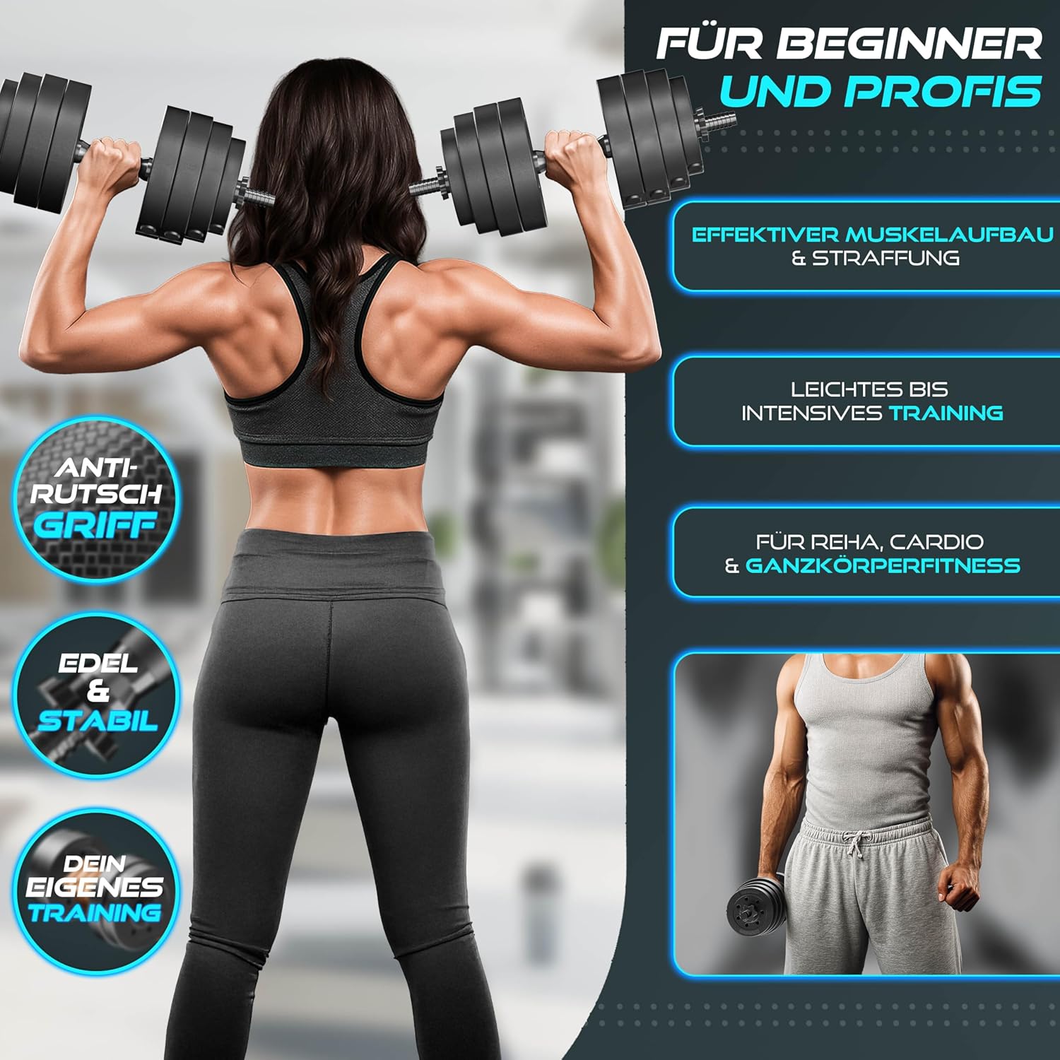 RE:SPORT 2er-Set verstellbare Kurzhanteln 15/20/30/40 kg | Hantelset mit 2 Hanteln | Hantel mit Gewichten und 4 Spinlock-Kragen | Fitness-Hantel für Muskelaufbau, Training und Zuhause – Bild 7