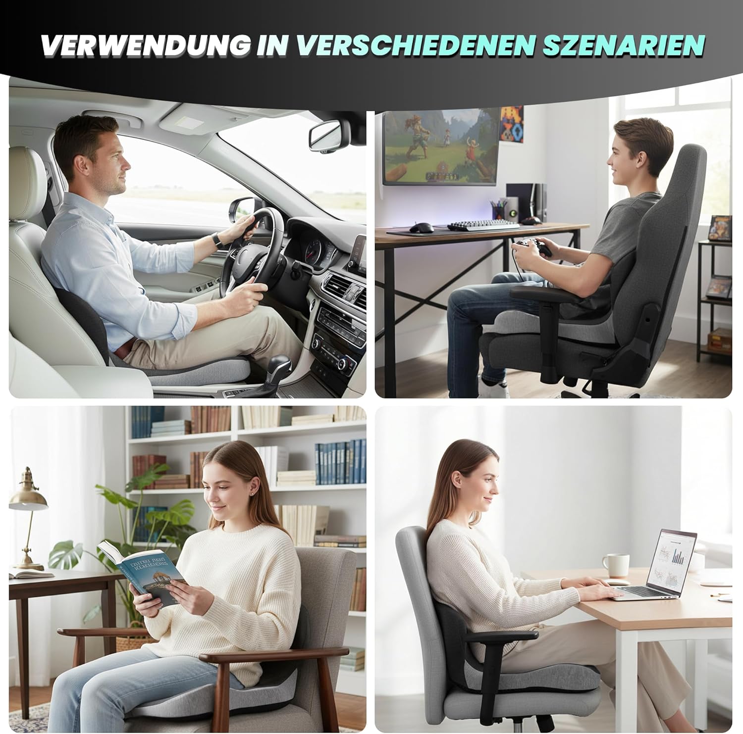 Urban Deco Orthopädisches Sitzkissen mit Rückenlehne, ergonomisches Memory-Schaum-Rückenstützkissen, Stuhlkissen für Bürostuhl, Autositz, Rollstuhl, Büro, Auto, Schwarz & Grau, 1 Stück – Bild 7