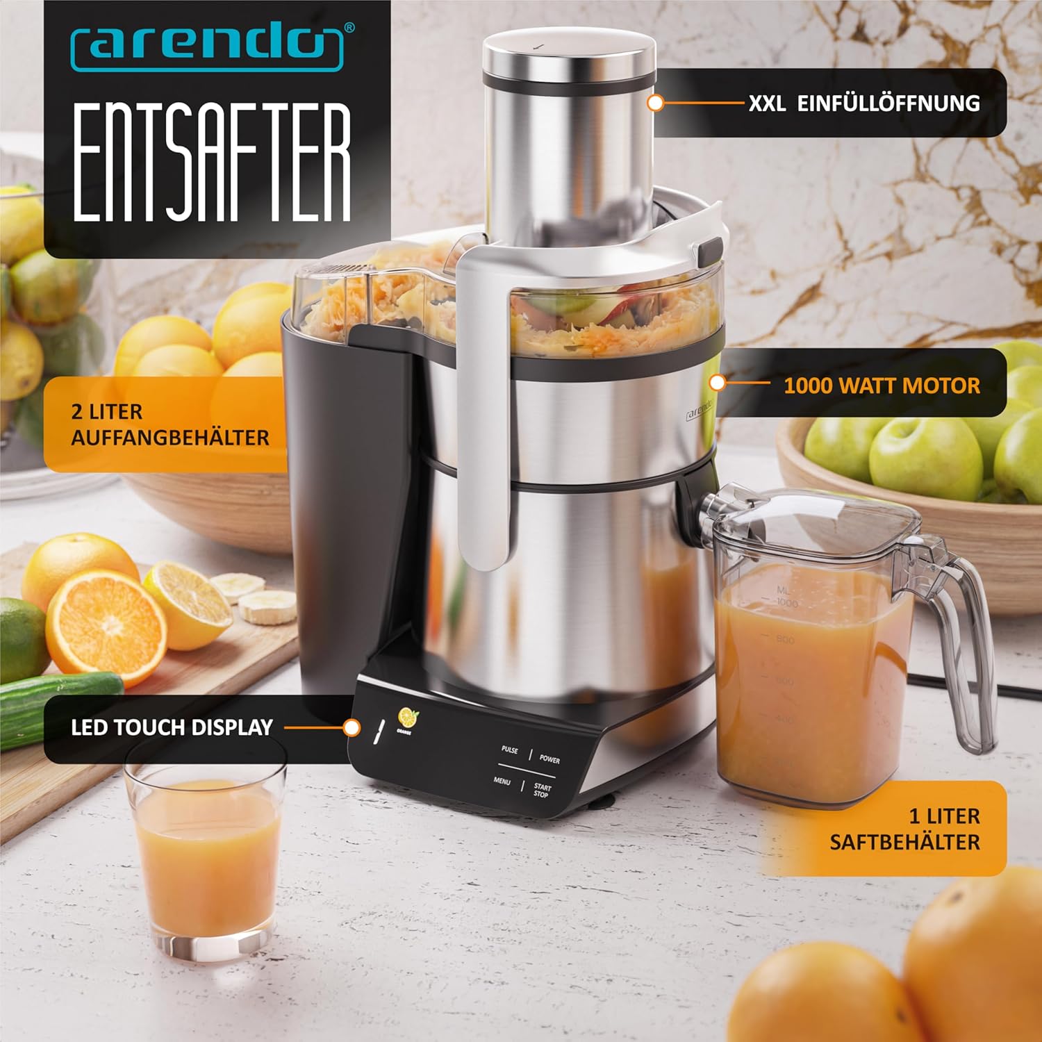 Arendo - Digitaler Entsafter mit Display - 1 Liter - 1000 Watt - XXL-Einfüllschacht - LED-Anzeige - Farbsymbole - Tropfschutz - Pulse-Funktion - Für Gemüse und Obst - Sicherheitsverriegelung - Inkl – Bild 2