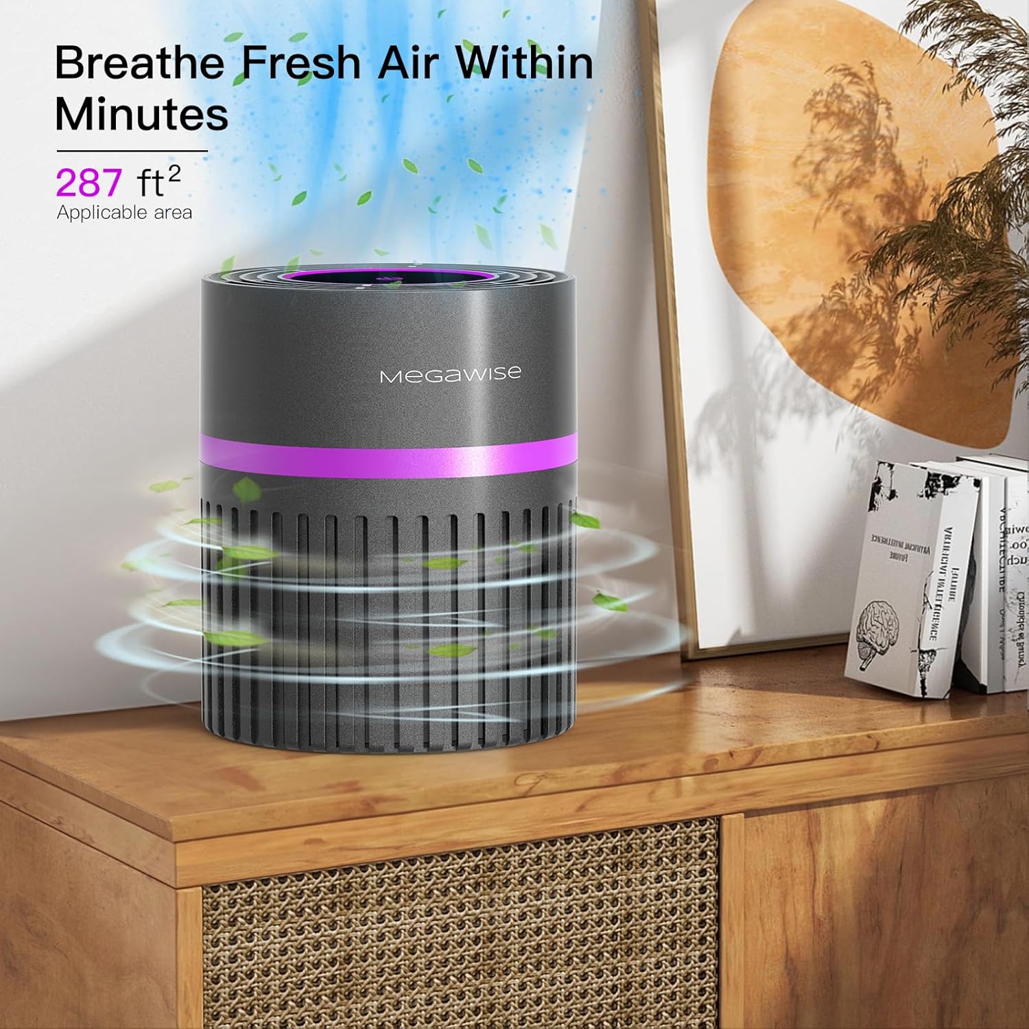 MEGAWISE Büro-Luftreiniger mit 3-in-1 echtem HEPA-Filter, Tisch-Luftreiniger für Haustiere, Raucher, Waldbrandrauch, Asthma, Staub, Staubnebel und Pollen, HEPA-Luftreiniger für Zuhause und Schlafzimmer – Bild 2