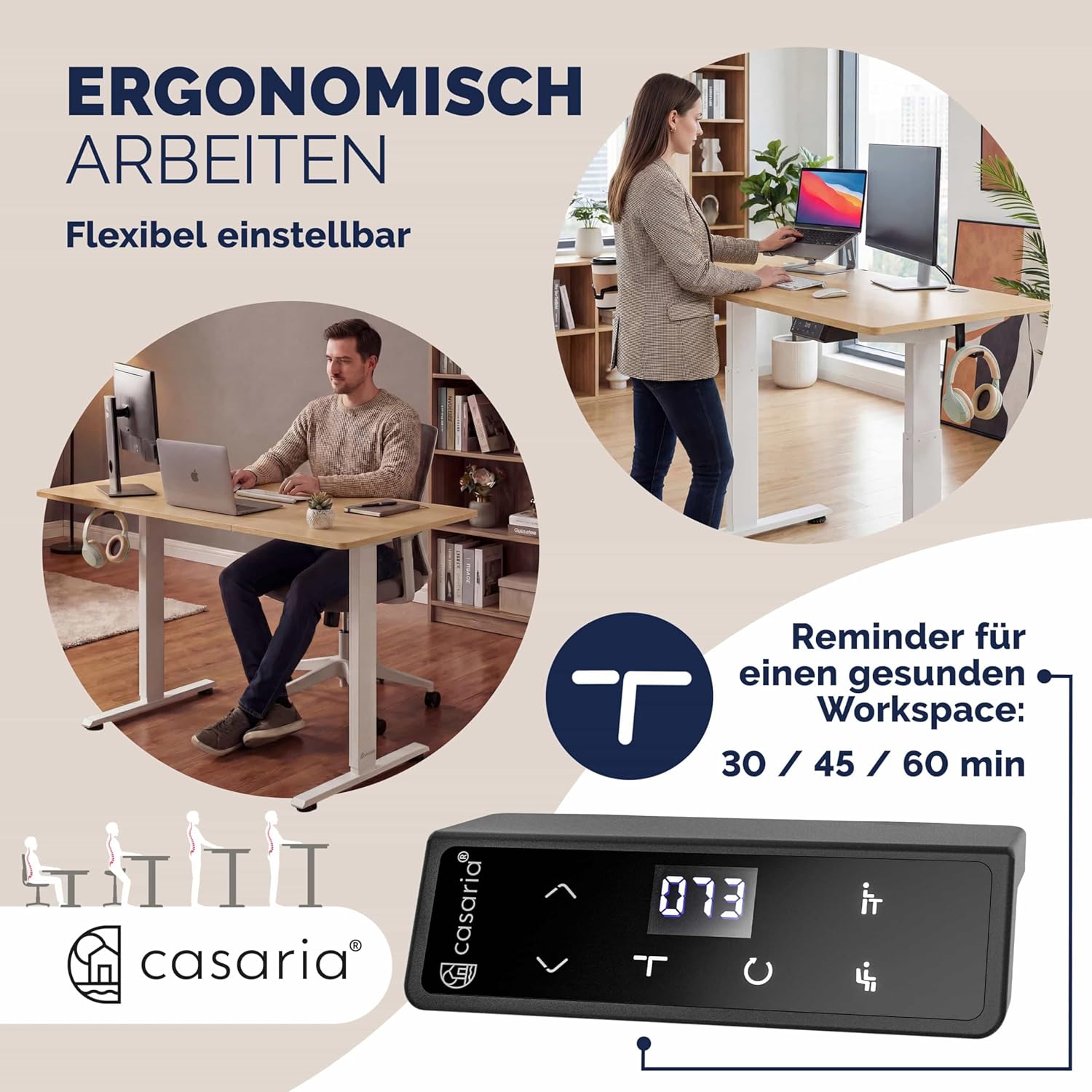 Casaria Höhenverstellbarer elektrischer Schreibtisch 140 x 70 cm mit kabellosem Ladegerät & USB-C/A-Anschluss, LCD-Display, Memory-Funktion, 80 kg Tragkraft, ergonomisch, Beige – Bild 4