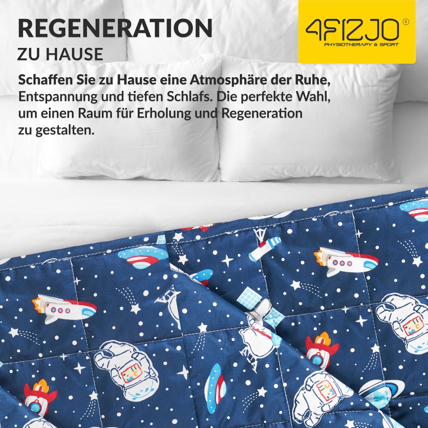 4FIZJO Gewichtsdecke Kinder 4 kg 100 x 150 cm, Therapiedecke zum Stressabbau & Angstzustände, hypoallergene Glasperlen, weiche & kühlende Polyester-Außenschicht, für Kinder von 25-40 kg, Dunkelblau – Bild 10