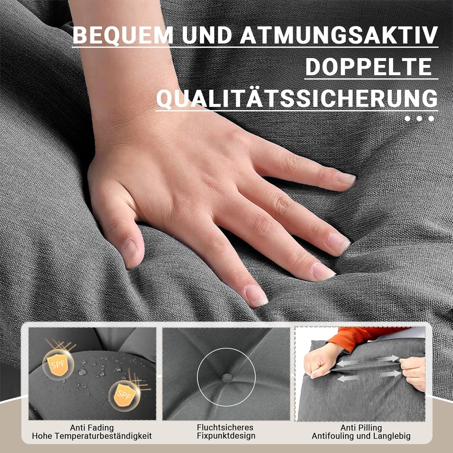 Outdoor-Stuhlauflagen für Balkon, Sitzkissen, halbrund, 48 x 48 cm, wasserdicht, Niederlehner, 2er-Set, modern, dick, mit Bändern für Büro, Gartenstühle und Rattanstuhl (dunkel). – Bild 6