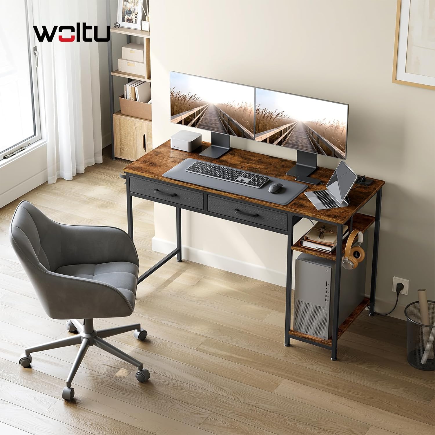 WOLTU Schreibtisch mit 2 Schubladen, 2 Steckdosen, USB- und Typ-C-Anschluss, Kopfhörerhaken und Ablagen – Computertisch für Büro und Wohnzimmer, 120 x 51 x 75 cm, Rustikales Braun – Bild 2
