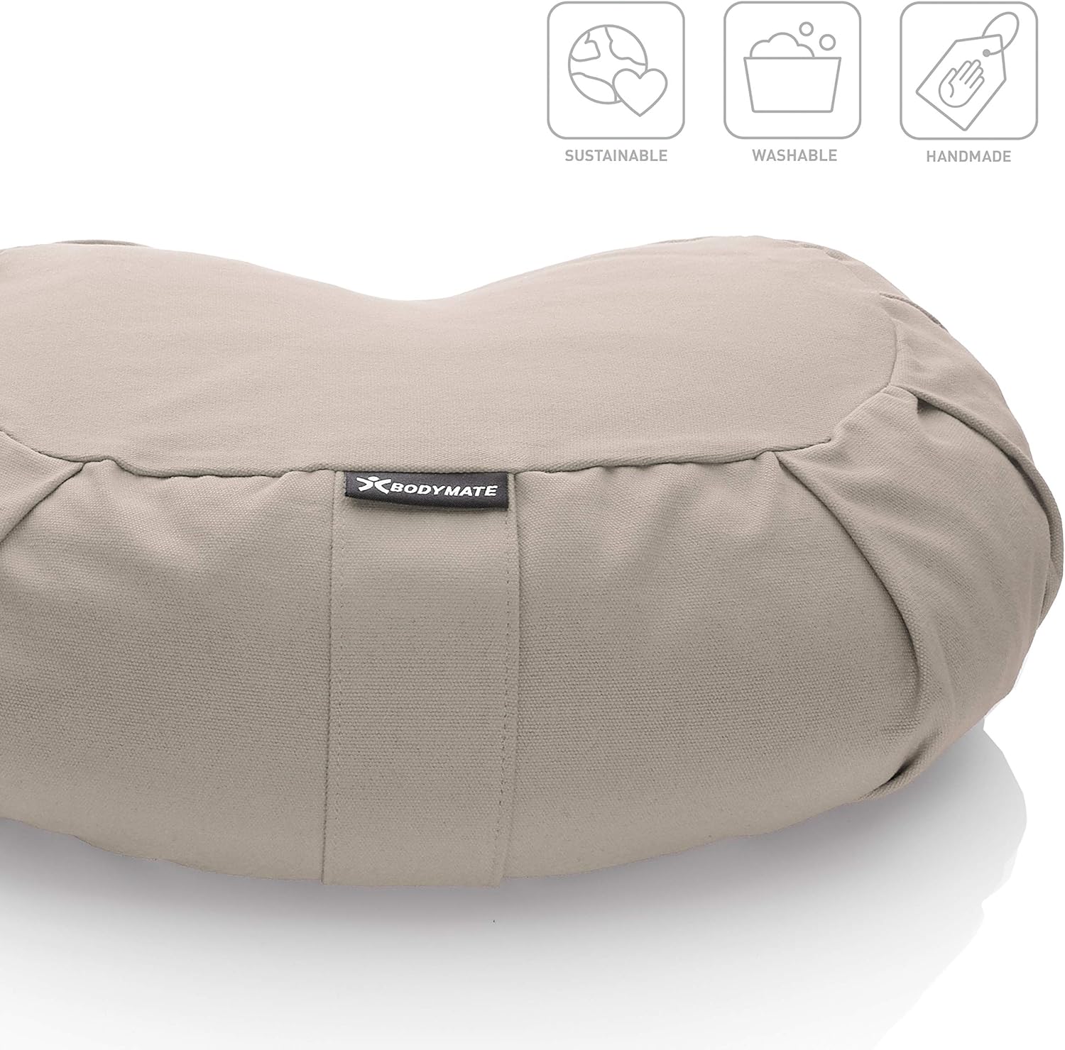 BODYMATE Halbmond-Yogakissen 42 cm lang, 30 cm breit und 15 cm hoch mit Buchweizenschalenfüllung – maschinenwaschbarer Bezug aus 100 % extra dicker Baumwolle – Meditationskissen – Sitzkissen – Bild 2