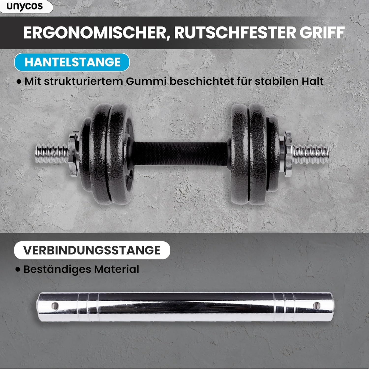 unycos – 2-in-1-Hanteln und Langhantel, verstellbar (15–50 kg), mit Übungs-E-Book, Gewichtsset mit Verbindungsstange und Eisenplatten, Aufbewahrungskoffer, Heim-Fitnessstudio (Eisentransformator) – Bild 6