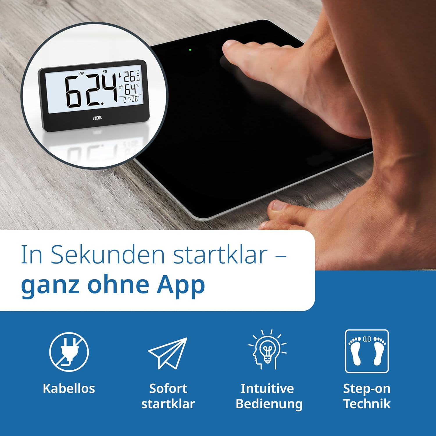 ADE Ronja Digitale Personenwaage mit kabelloser Anzeige bis 180 kg | Lesen Sie auf Augenhöhe, ohne sich zu bücken | Ideale Körperwaage für Senioren | mit Badeuhr, Hygrometer, Innenthermometer | Schwarz – Bild 6