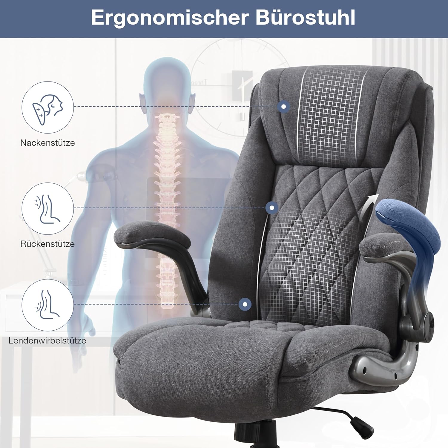 Bosmiller Ergonomischer Bürostuhl, 180 kg, verstellbarer Schreibtischstuhl mit hoher Rückenlehne und breiter Sitzfläche, klappbare Armlehne, Bürostuhl für Büro, Computer, Chefsessel – Bild 3