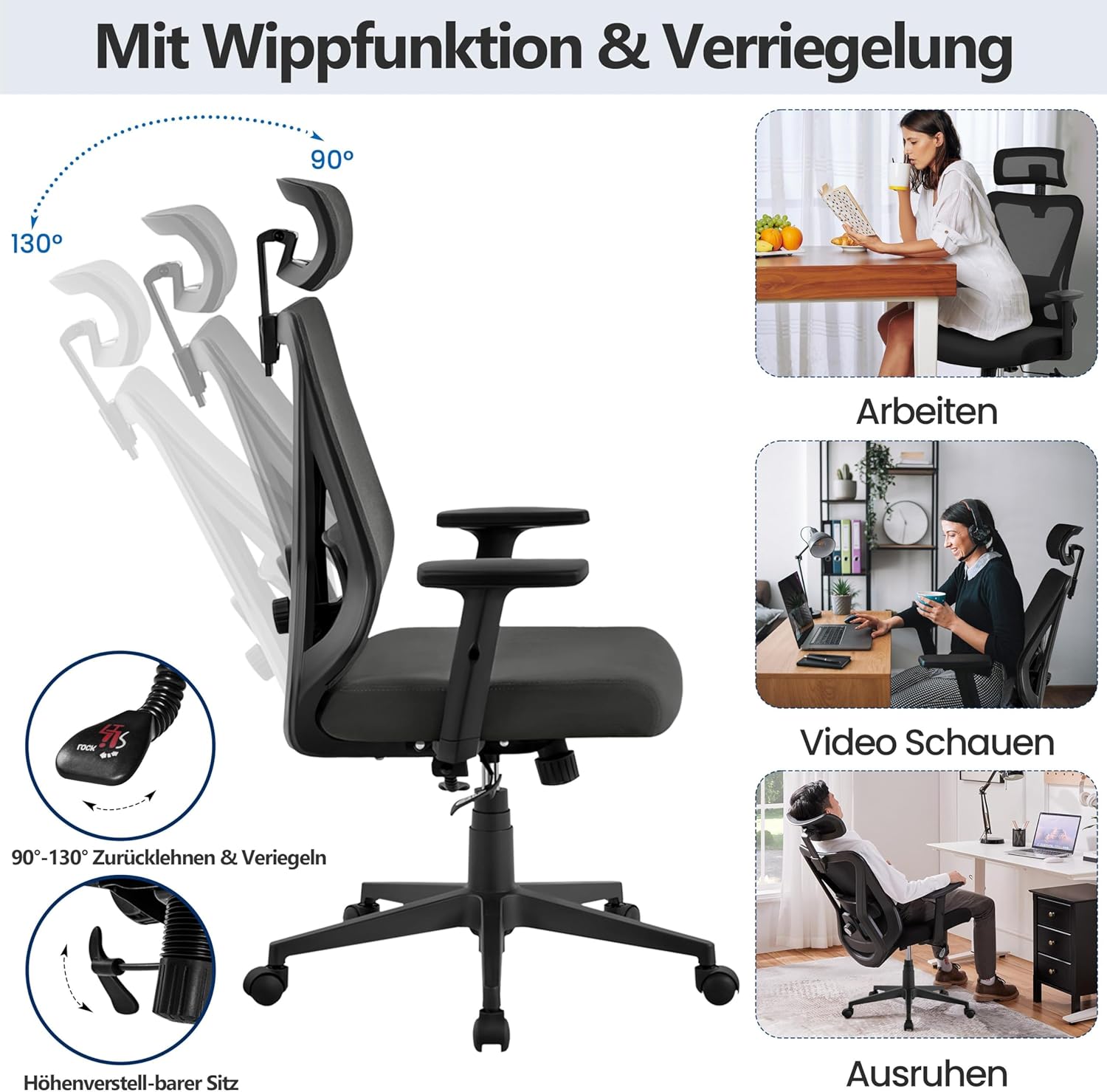 Yaheetech Ergonomischer Bürostuhl, höhenverstellbarer Schreibtischstuhl mit atmungsaktiver Netzrückenlehne, verstellbaren Armlehnen, Kopfstütze und Lordosenstütze, Wippfunktion bis 130°, Home Office, Schwarz – Bild 6