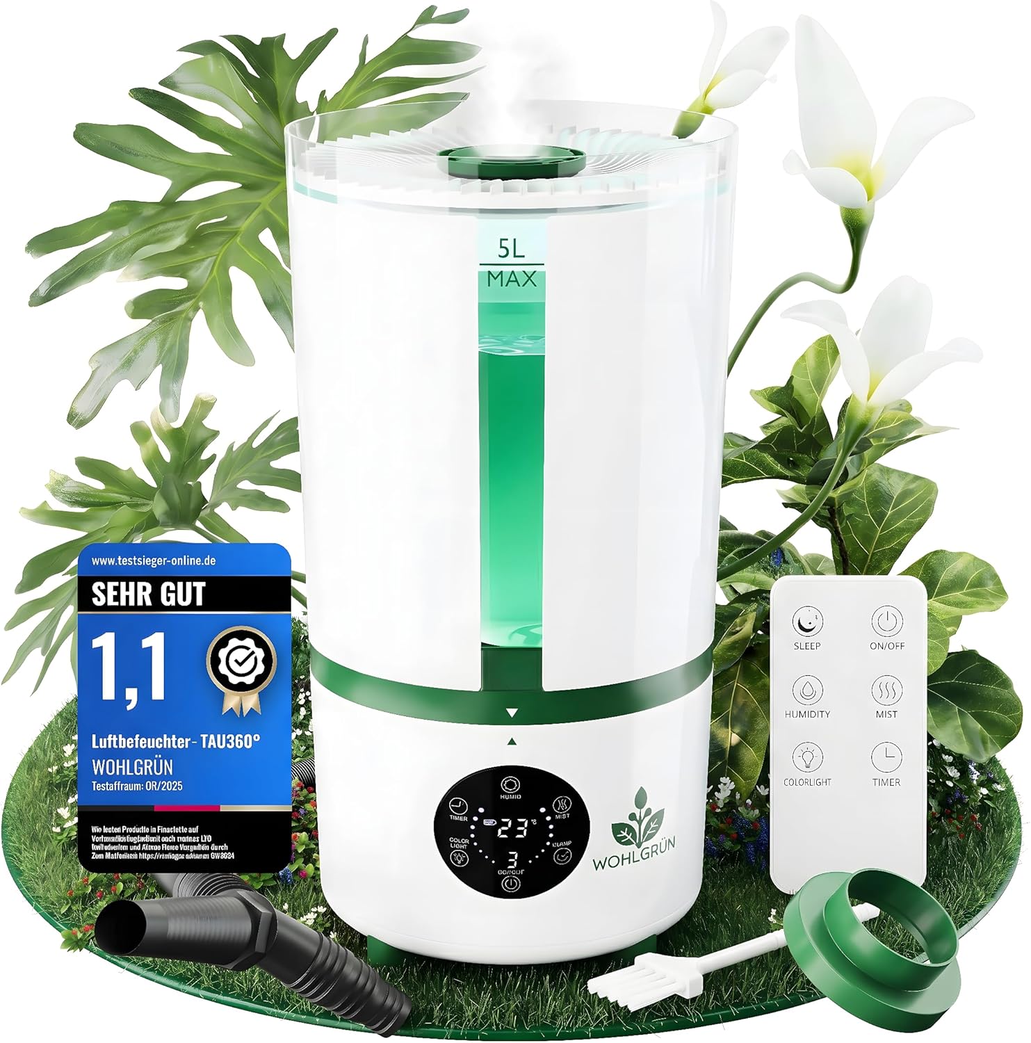 WOHLGRÜN TAU360 Luftbefeuchter 5L – Ultraschall-Luftbefeuchter für Pflanzen & Schlafzimmer, leiser Raumbefeuchter, Hygrometer-Sensor, Wachstumszelt, bis zu 30 m²