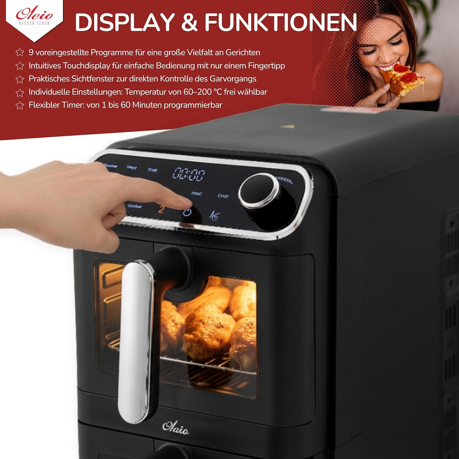 Oleio Maestro Airfryer Doppelkammer XXL Heißluftfritteuse 2 Kammern I 2460 W – Heißluftfritteuse mit Sichtfenster aus Glas I 11 LI Antihaftbeschichtung I Spülmaschinenfest I Platzsparend I Energiesparend – Bild 4