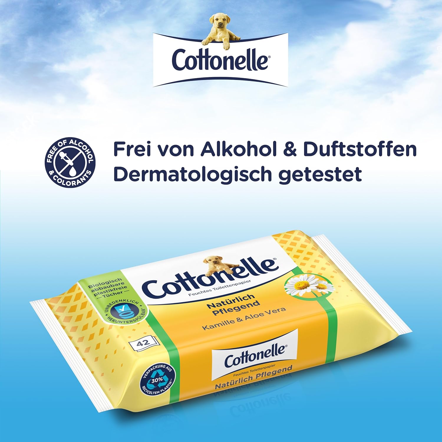 Cottonelle Feuchtes Toilettenpapier, natürlich pflegend – Kamille und Aloe Vera, biologisch abbaubar, plastikfrei, wiederverschließbar, Vorteilspackung, 12 x 42 Feuchttücher – Bild 4