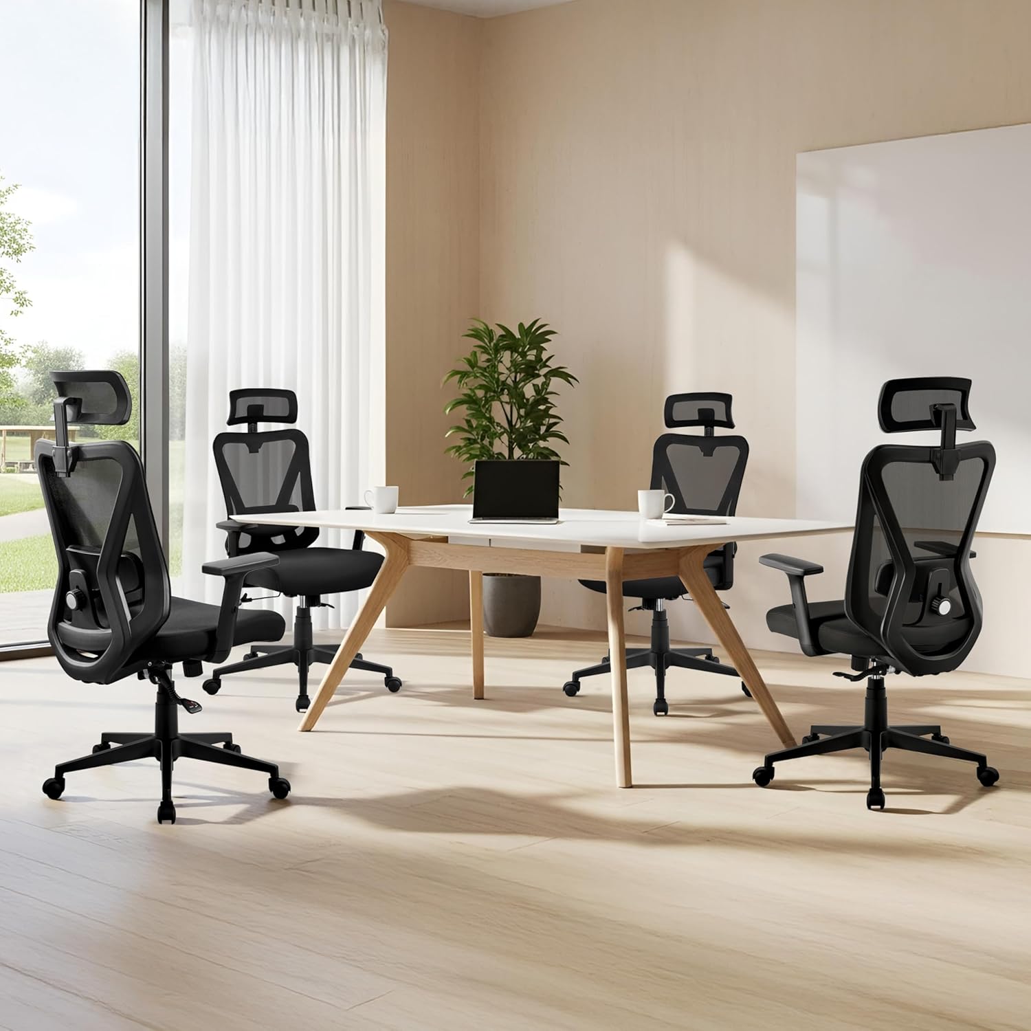Yaheetech Bürostuhl, ergonomischer Schreibtischstuhl mit verstellbarer Kopfstütze und Lordosenstütze, atmungsaktiver Netzstuhl mit breiter Sitzfläche, S-förmige Rückenlehne, 360° drehbar, Schwarz – Bild 2