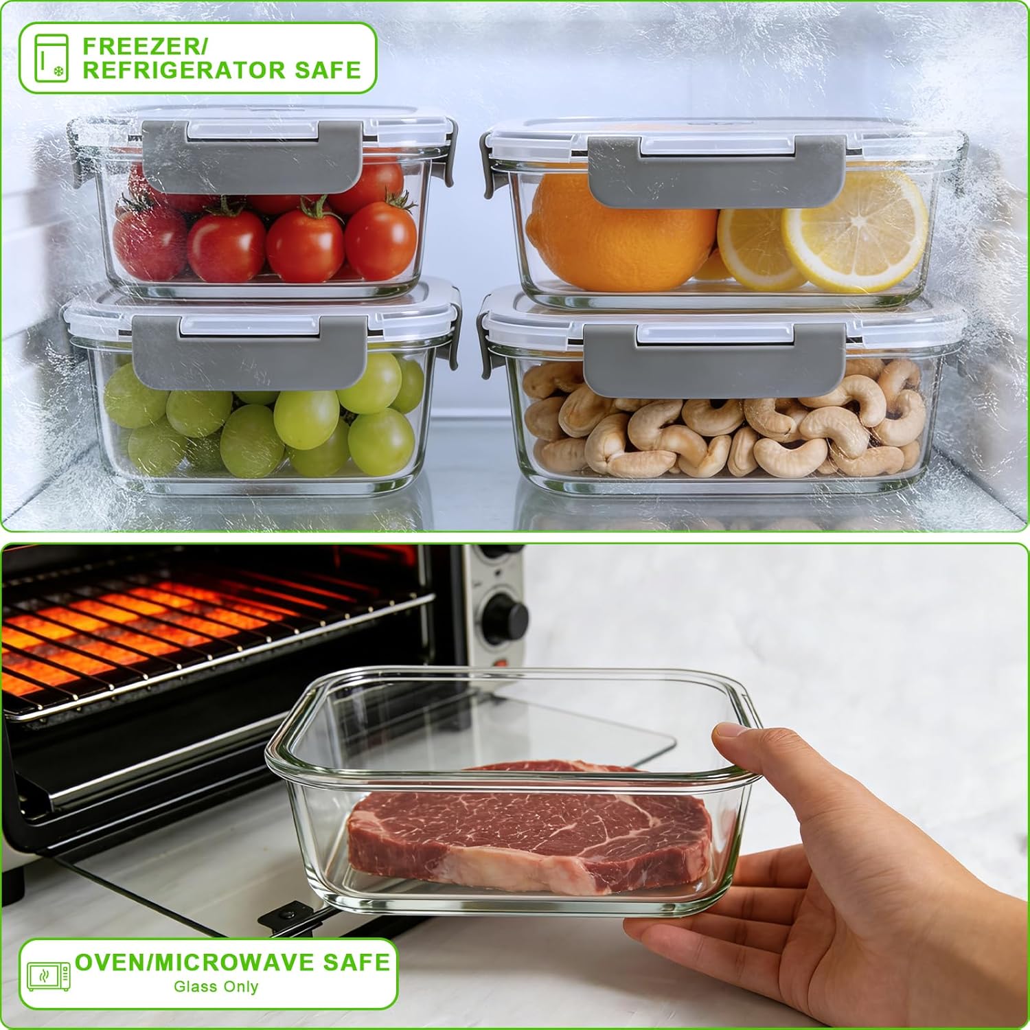 Brotdosen Glasbehälter mit Deckel,Glas Frischhaltedosen Set 20-teilig (10 Behälter & 10 Deckel) BPA-frei,Aufwahrungsbox Spülmaschinenfest, Mikrowellen & Gefrierschrankgeeignet(5 x 1050ml + 5 x 370ml) – Bild 4