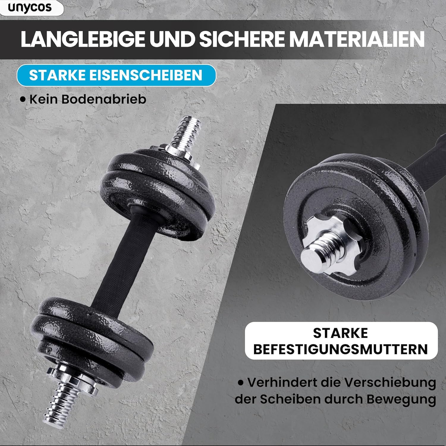 unycos – 2-in-1-Hanteln und Langhantel, verstellbar (15–50 kg), mit Übungs-E-Book, Gewichtsset mit Verbindungsstange und Eisenplatten, Aufbewahrungskoffer, Heim-Fitnessstudio (Eisentransformator) – Bild 5