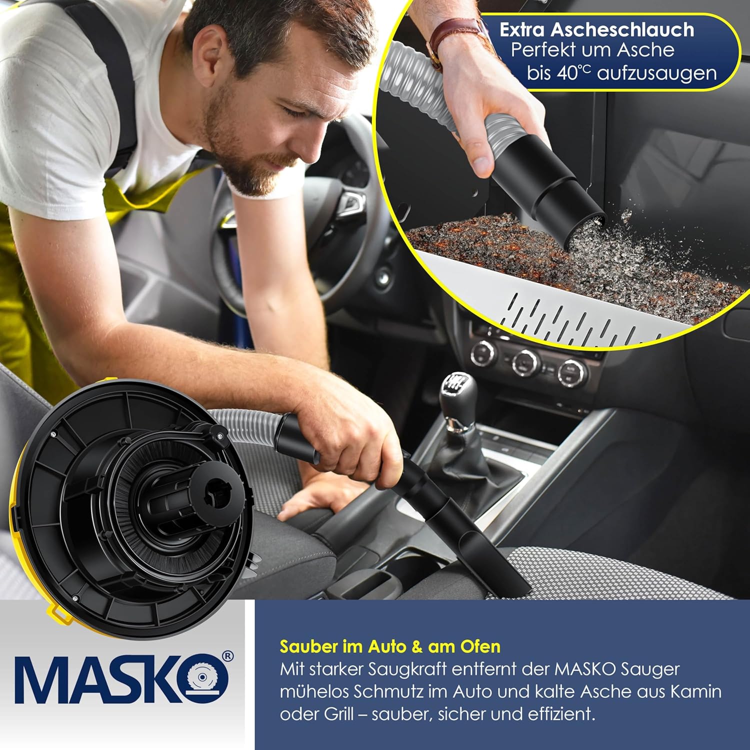 Masko® 6in1 Industriestaubsauger Nass-Trocken-Aschesauger 2300W + Steckdose. Blasfunktion. Trocken- und Nasssaugen – Industriestaubsauger mit und ohne Beutel – beutellos., gelb – Bild 7