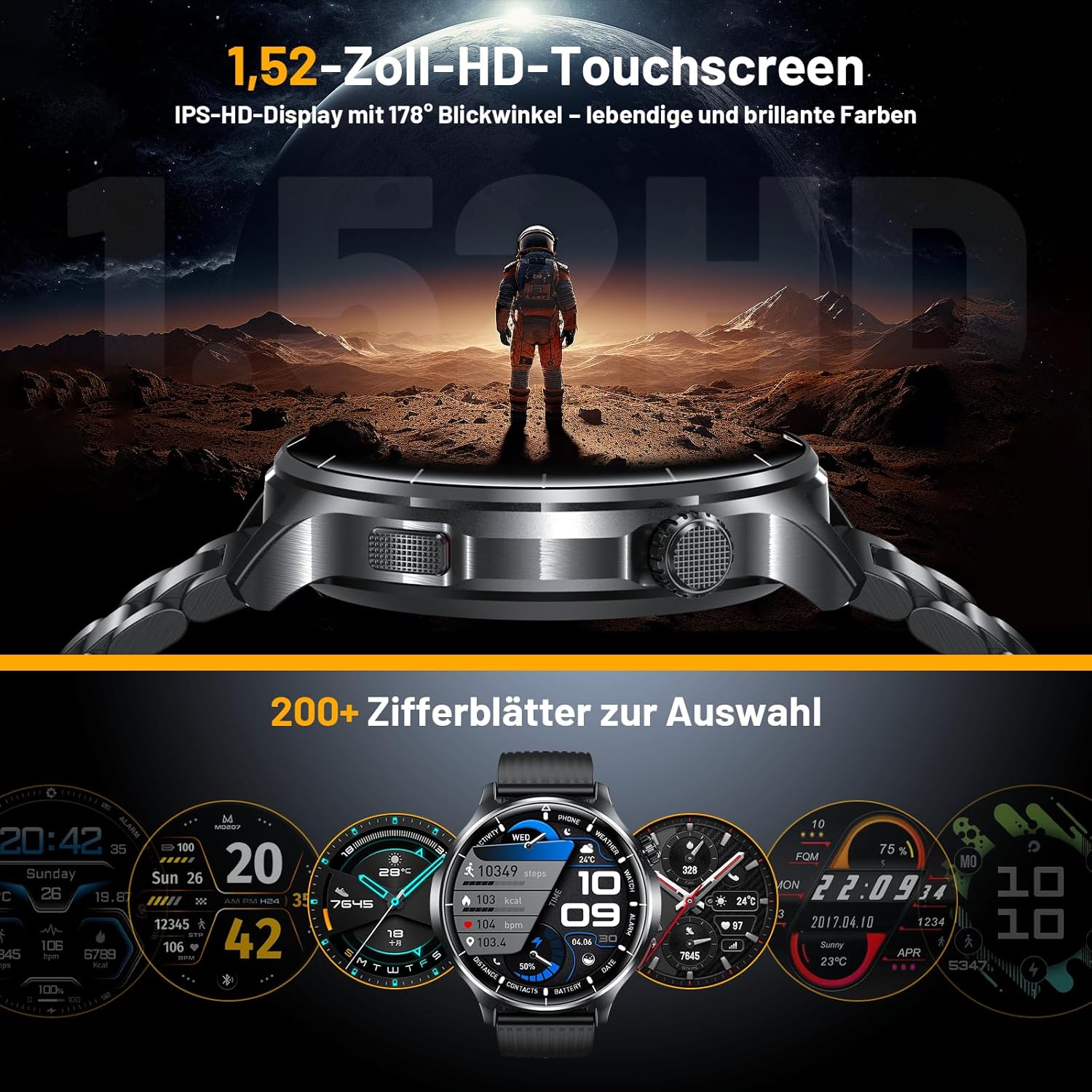 SLOKSFil Smartwatch Herren 1000 mAh Akku/1,52 Zoll HD Touchscreen, mit Bluetooth Anrufen/110+ Sportmodi/24H Herzfrequenz/IP68 Wasserdicht/Schlafmonitor, Schrittzähler, Fitnessuhr, Android iOS (Schwarz) – Bild 6