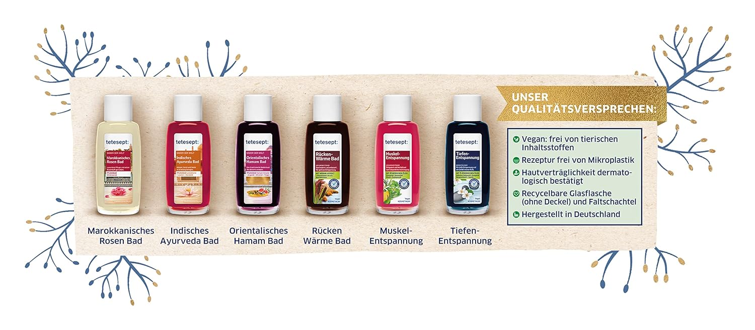 Tetesept Bäder Geschenkset Verwöhnmomente, Badeessenz Probierset mit Geschenkanhänger, das ideale Geschenk für jeden Anlass, 1 x Badeset (6 x 20 ml) – Bild 4