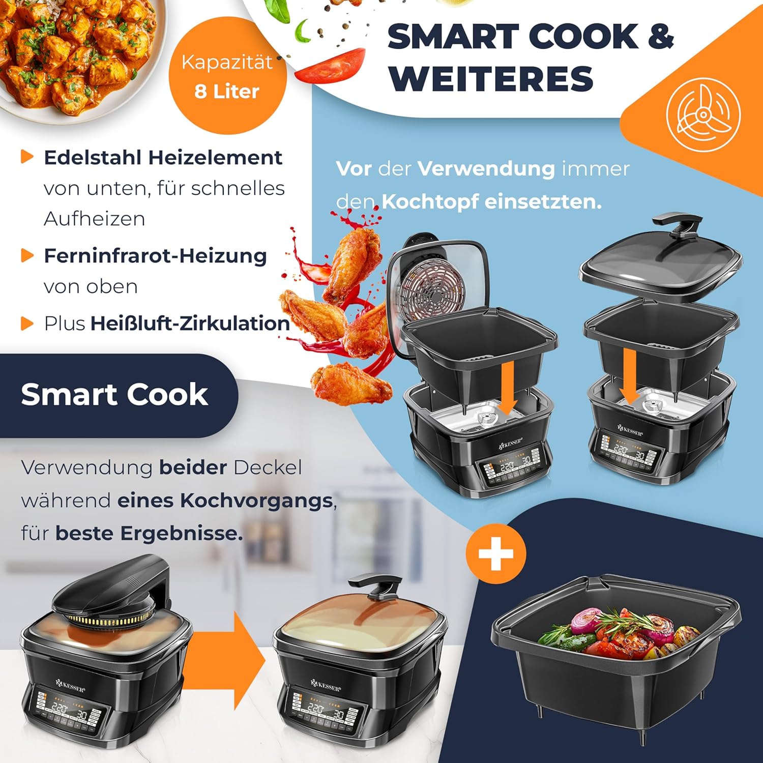 KESSER Multikocher mit Heißluftfritteuse 8 L & 16 Programme Küchengerät – Grillen, Backen, Dünsten, Vorheizen & Warmhalten Funktion, Reiskocher, Schongarer, Joghurtbereiter – Bild 5