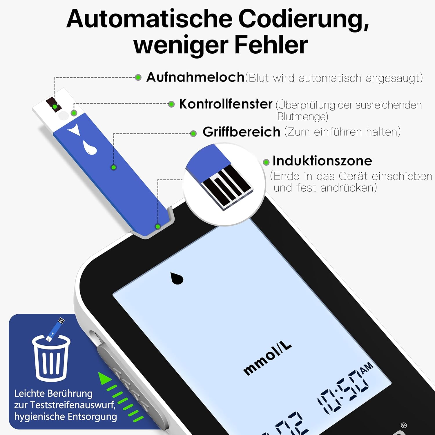 LinkSun G-425-2V Blutzuckermessgerät-Set, 100 Teststreifen, 100 Lanzetten, Blutzuckermessgerät, Stechhilfe, mmol/L & mg/dL – Bild 5