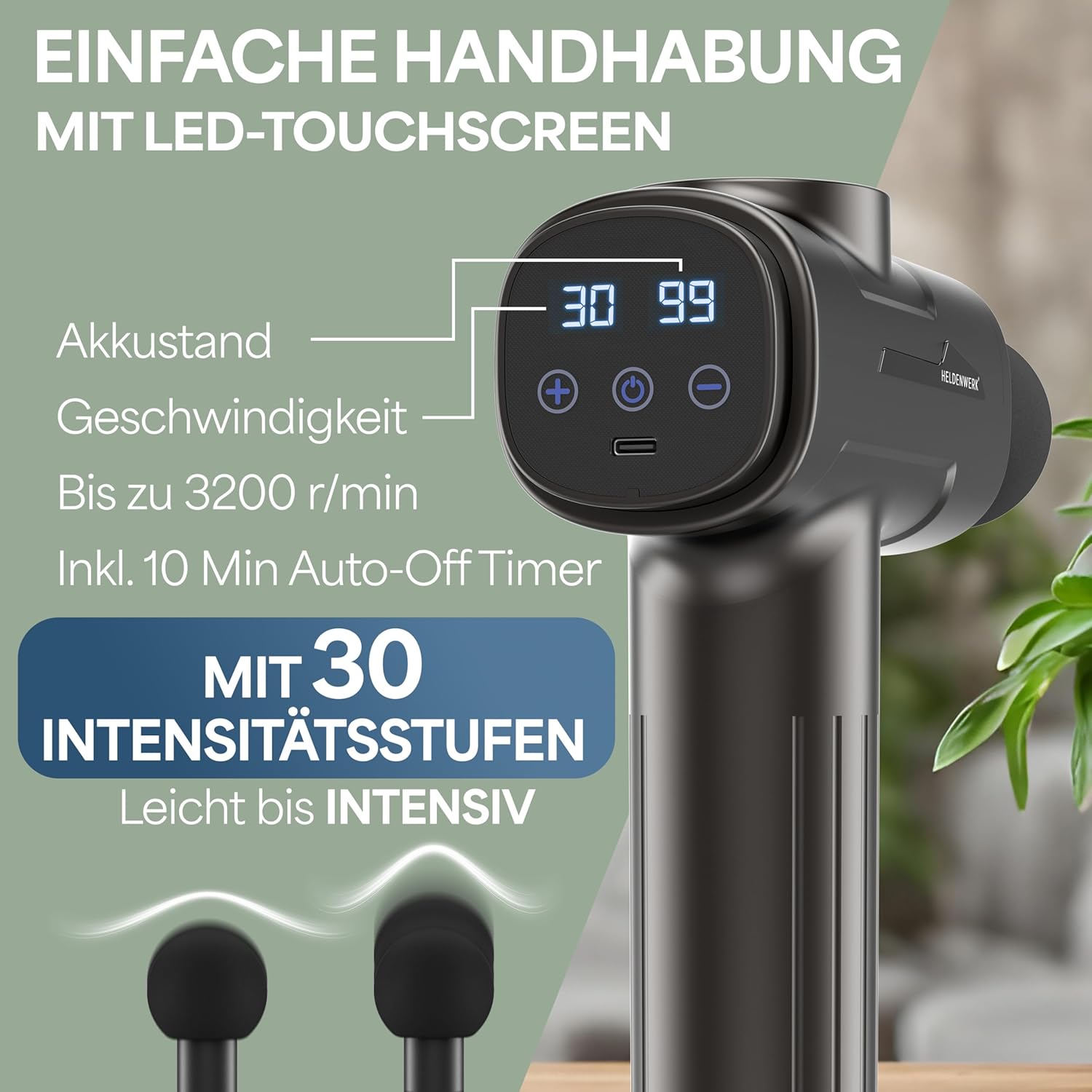 Massagepistole mit 6 Massageköpfen und 30 Geschwindigkeiten mit USB-C-Anschluss und LCD-Touchscreen I Muskelmassagegerät Massagepistole Muskelmassagepistole Muscle Gun Muscle Gun (Grau) – Bild 4