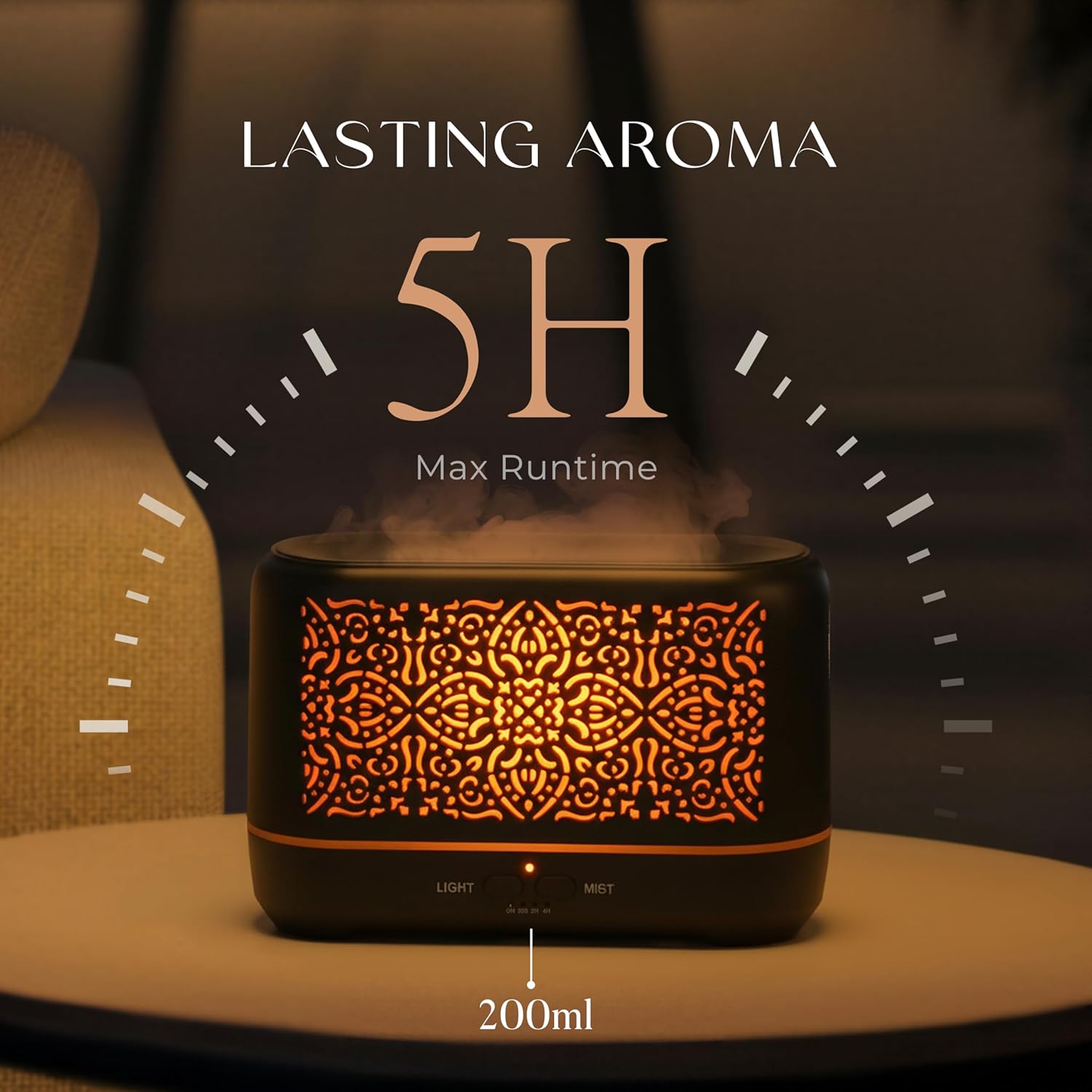 Earnest Living Flames Aromadiffusor, 200 ml, Luftbefeuchter, Timer, Nachtlichter und automatische Abschaltfunktion, Luftbefeuchter für Zuhause, Büro, Aromatherapie-Diffusoren für ätherische Öle, Schwarz – Bild 5