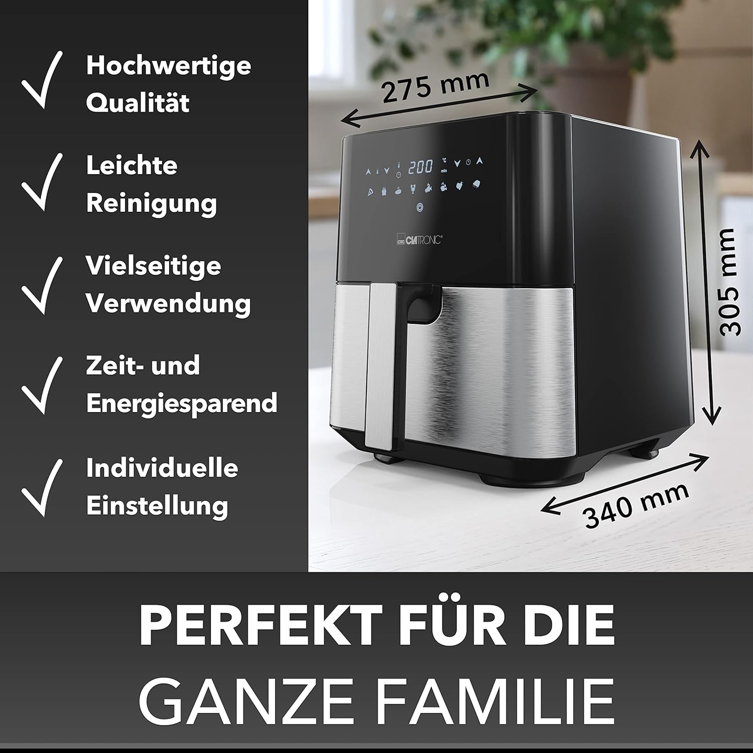 Clatronic FR 3782 H XXL Heißluftfritteuse – 5L Fritteuse | Heißluft für fettfreies Braten | Edelstahl-Airfryer mit digitalem Touchscreen | 360° Luftstrom | Heißluftfritteuse mit 8 Programmen – Bild 6