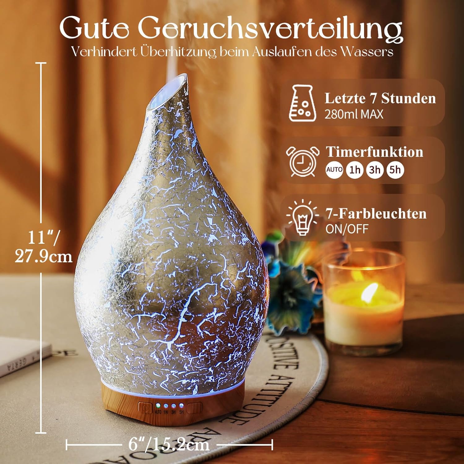Porseme Aromadiffusor 280 ml, Luftbefeuchter aus mundgeblasenem Glas, Ultraschall-Aromatherapie-Öldiffusor mit 7 farbigen LED-Lichtern, Diffusor für ätherische Öle mit Timer, BPA-frei für Zuhause (Silberplatte) – Bild 4