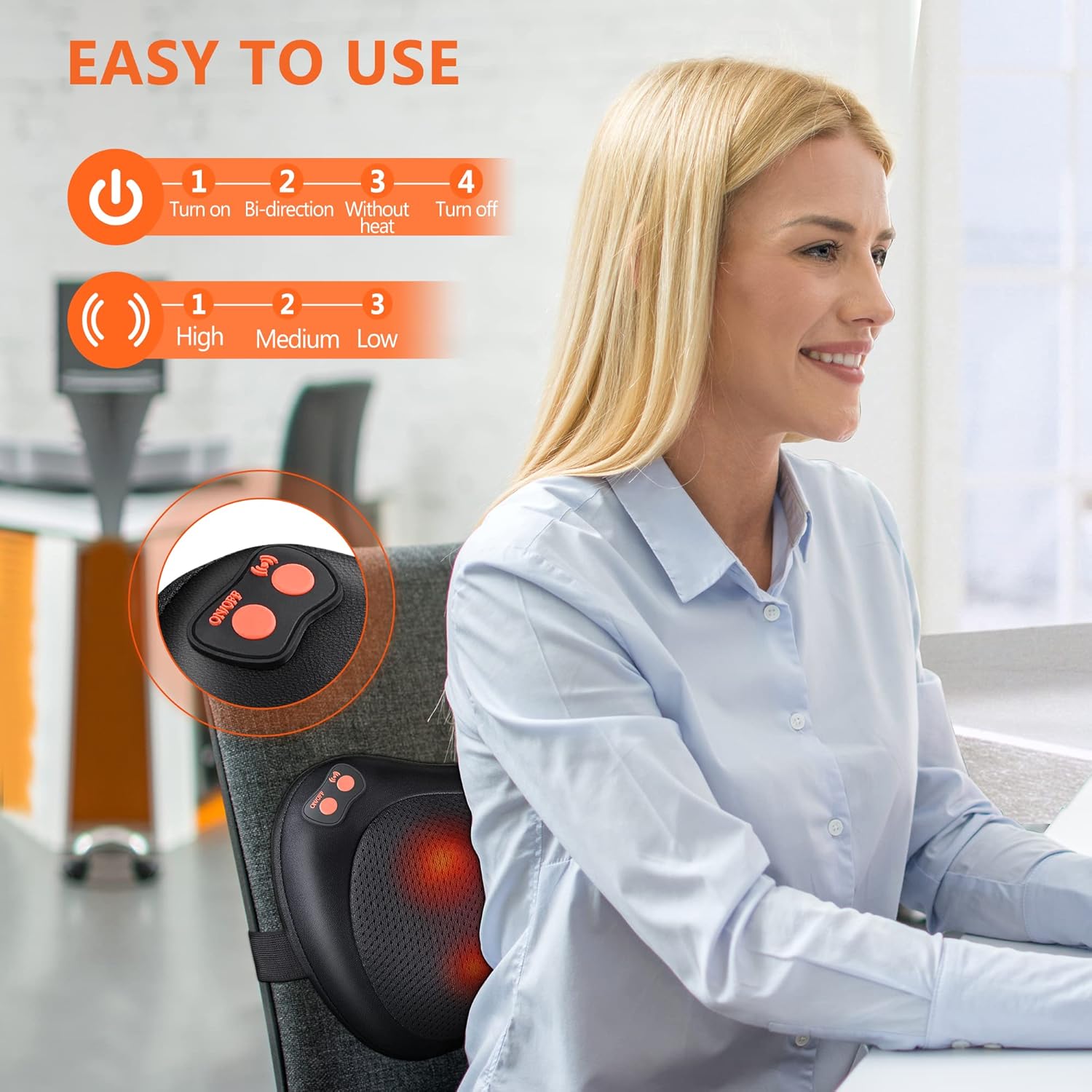 Shiatsu-Massagegerät, Massagekissen für Nacken, Schulter, Rücken, Massagegerät mit rotierenden Massageköpfen mit Wärmefunktion für Büro und Zuhause – Bild 2