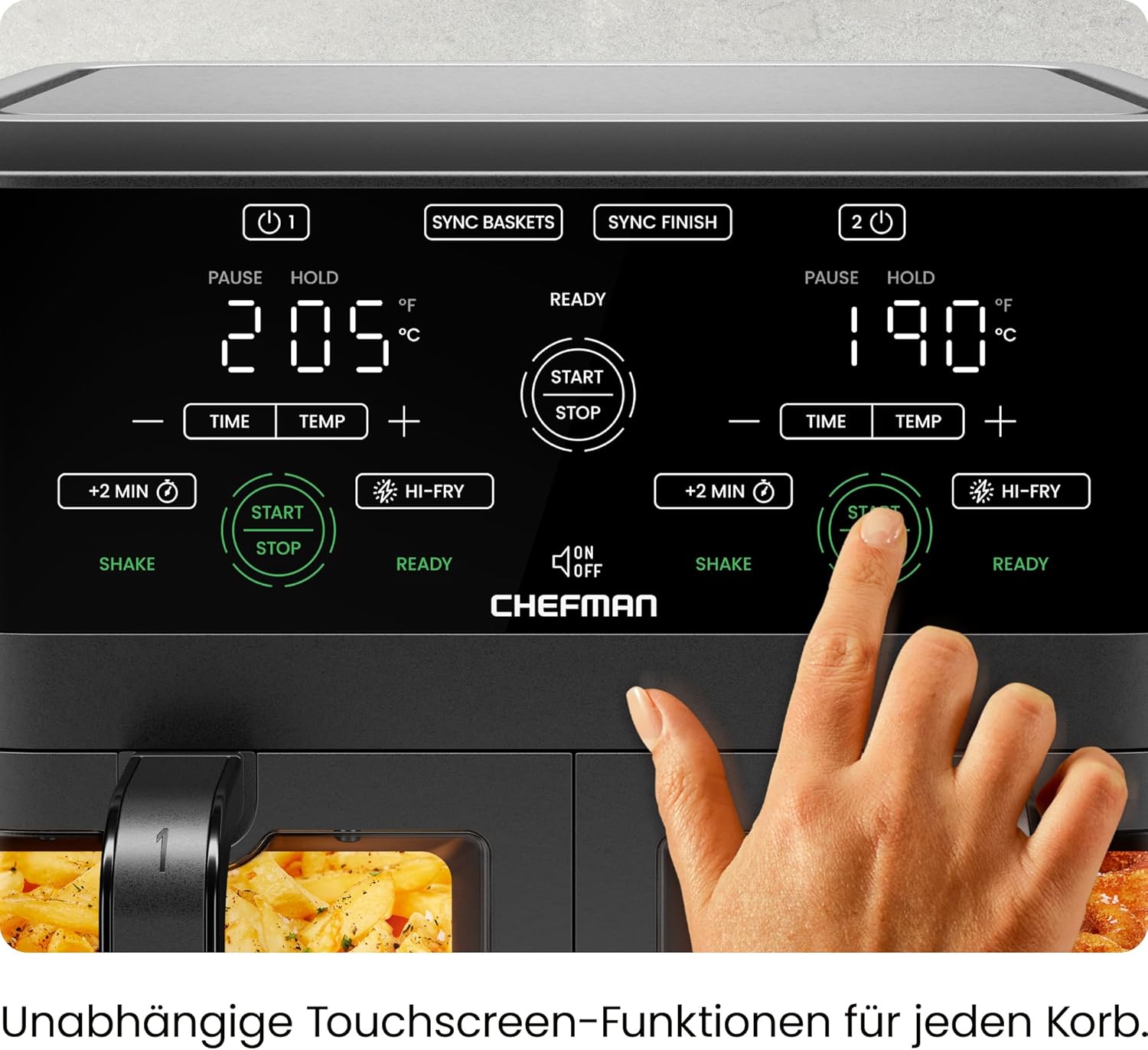 CHEFMAN 5,6-Liter-Doppelkorb-Heißluftfritteuse mit Sichtfenster, Sync-Finish, Hi-Fry, automatische Abschaltung, spülmaschinenfest, 2100 W, digital, Schwarz – Bild 5