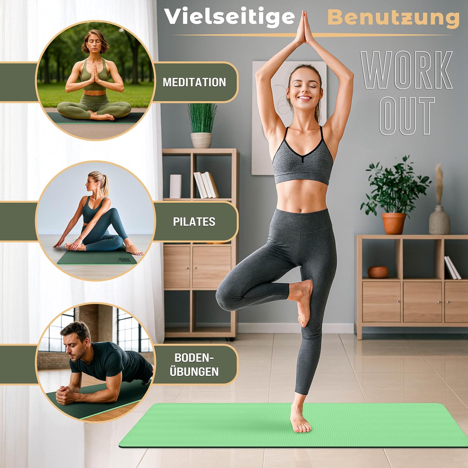 RE:SPORT Yogamatte, Phthalatfrei, Gymnastikmatte, rutschfest, Fitnessmatte, schadstofffrei, Trainingsmatte mit Tragegurt, 183 x 61 x 0,6 cm – Bild 5