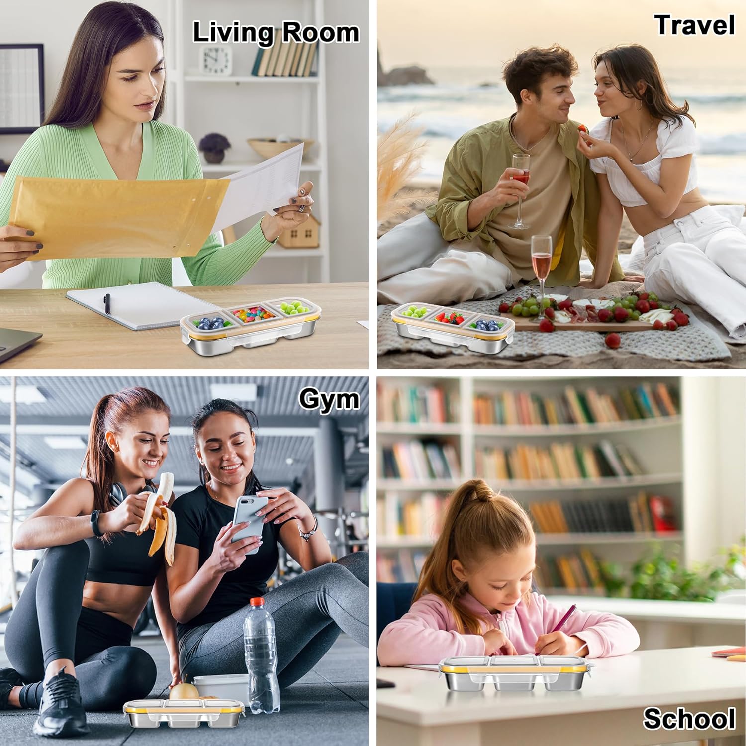 Fentar 2 Stück Snackboxen mit Fächern, Edelstahl, auslaufsichere Snackbox mit Fächern, spülmaschinenfest, Lunchbox, Kinder-Meal-Prep-Boxen, Bento-Box, Edelstahl-Snackboxen mit Deckel für Schule, Arbeit, Camping – Bild 7