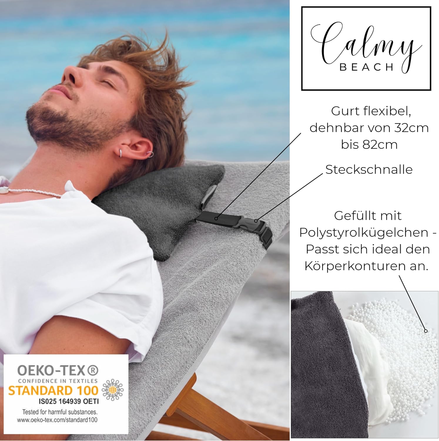Strandkissen gefüllt mit Befestigungsgurt – verstellbares Reisekissen Nackenkissen für Sonnenliege 32 x 20 cm – Campingkissen Frottee-Bezug 100 % Baumwolle (Anthrazit) – Bild 3