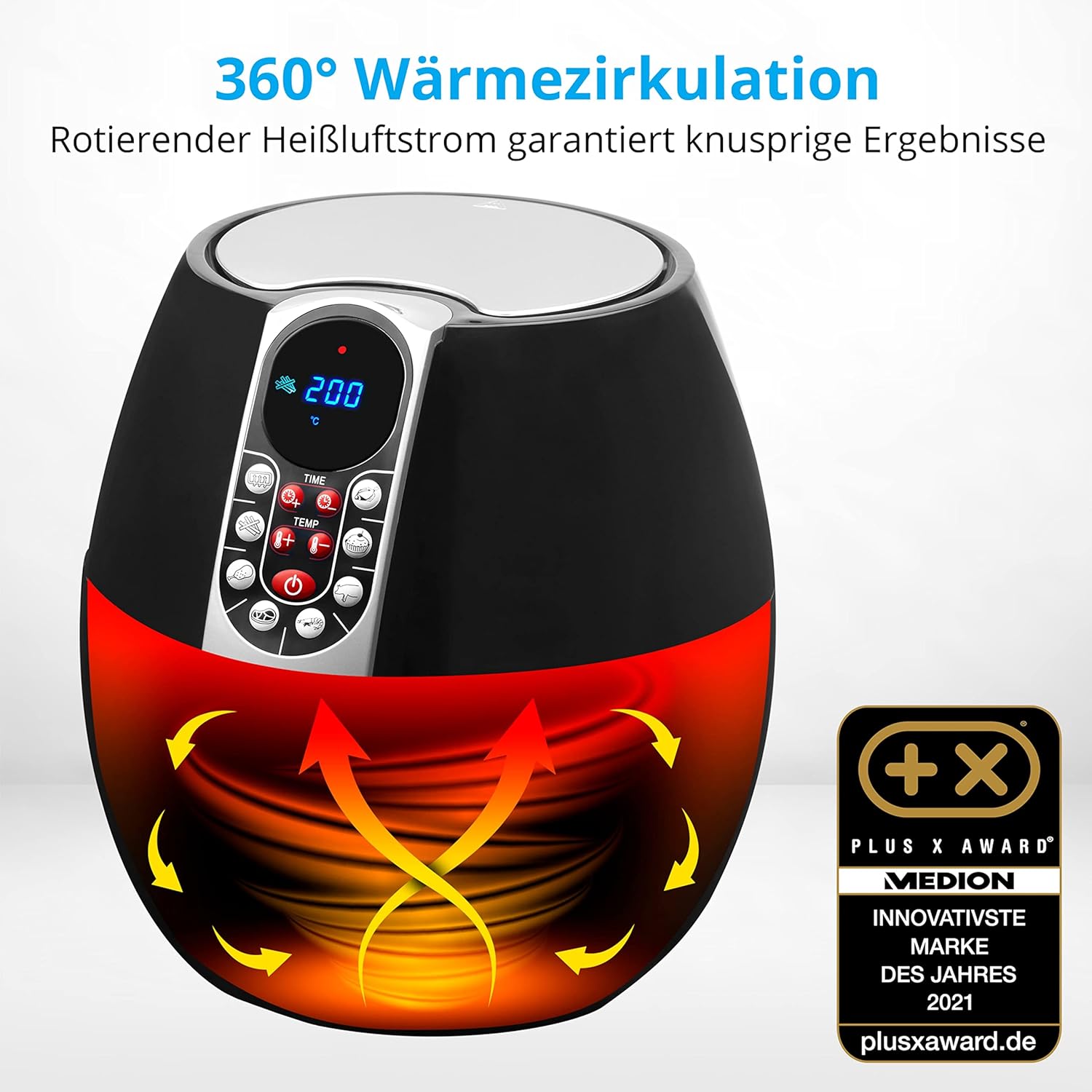 MEDION E10 S Heißluftfritteuse (Leistung ca. 1500 Watt, Airfryer, digitales Bedienfeld, Gesamtnutzinhalt 4 Liter, ölfreies Frittieren, 30-Minuten-Timer, Überhitzungsschutz, MD 17320) schwarz – Bild 2