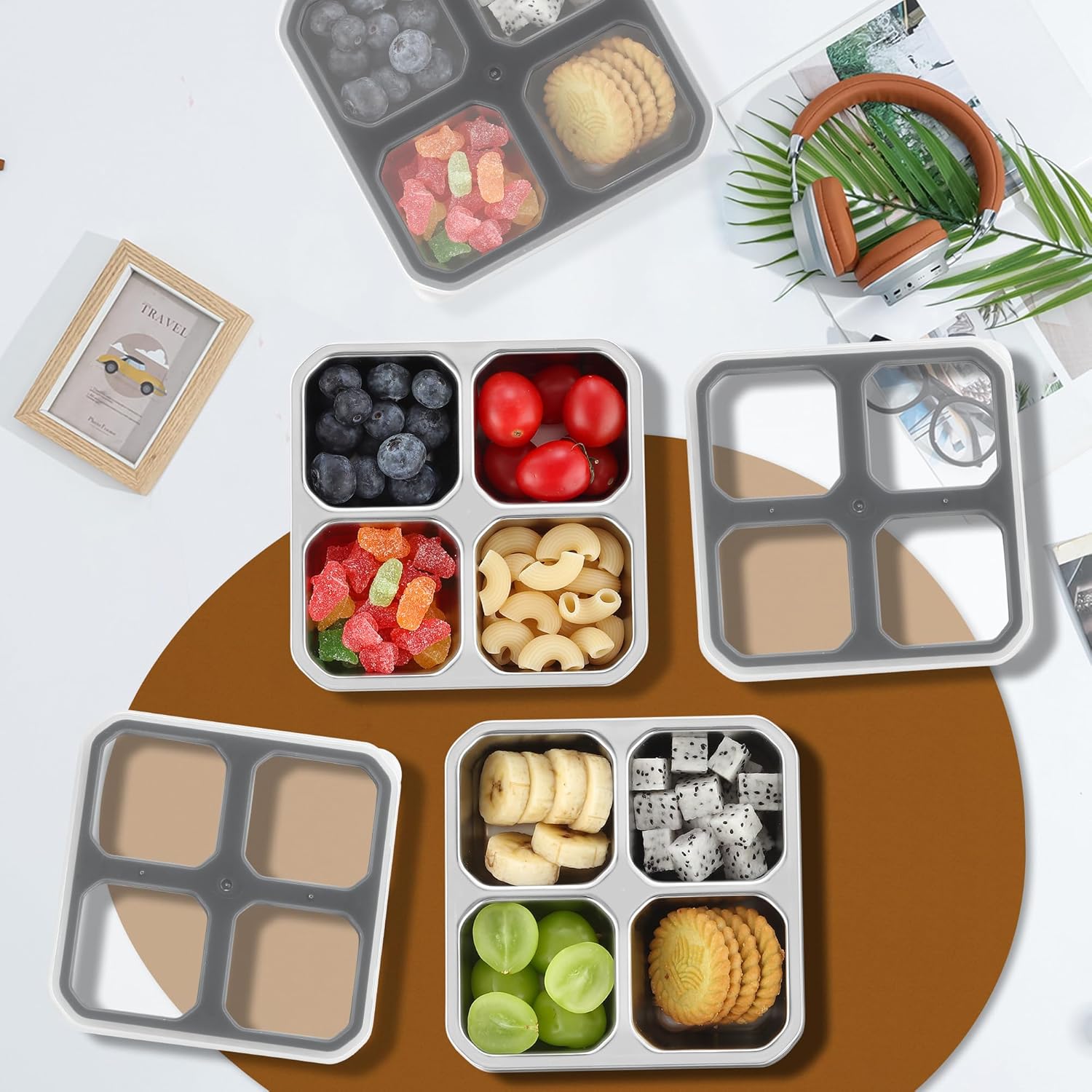 Misichao Snackbehälter, Snackbox Kinder mit 4 Fächern, Edelstahl-Brotdose mit grauem Deckel, wiederverwendbarer Meal-Prep-Lunchbehälter für Kinder und Erwachsene, für Schule, Arbeit – Bild 8